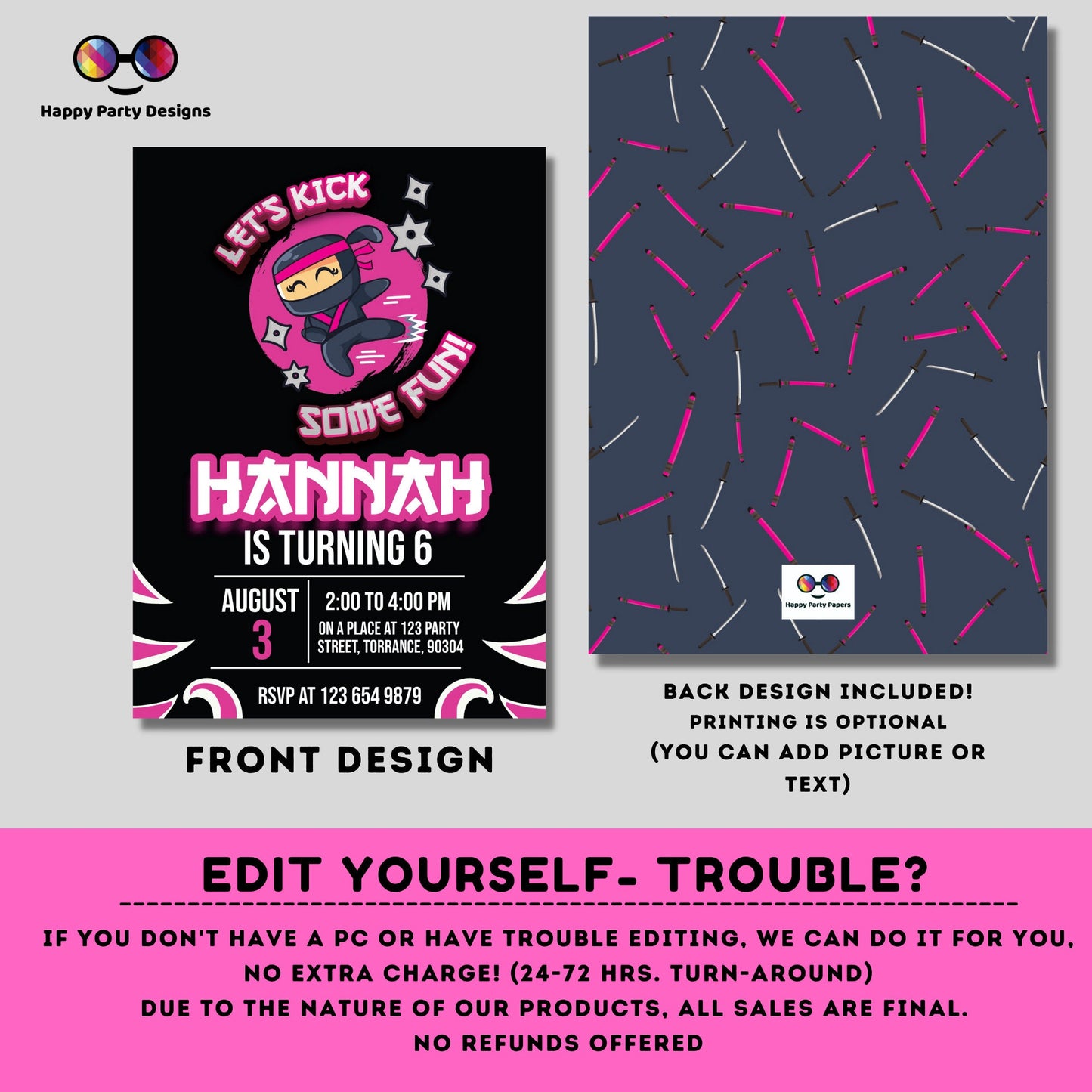 Ninja Birthday Party Invitation | EDITABLE Ninja Warrior Party Invitation Template | Karate girl Birthday Invite | Lets Kick #K122