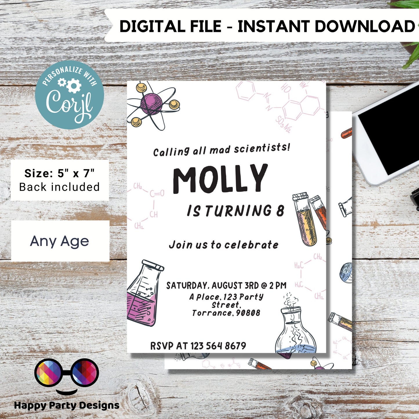 Minimalist Science Party Invitation | Mad Scientist Invitations | Birthday girl | Editable Science Birthday | girl's Science Birthday #K124