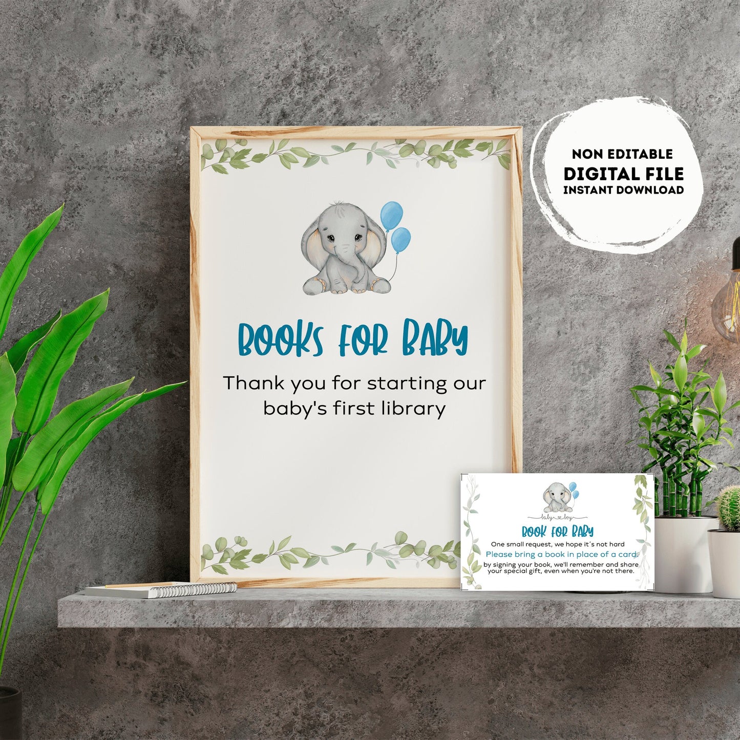 Elephant Books for baby Sign | Instant download | book request | baby boy| baby shower Sign | elephant baby shower | blue #B18