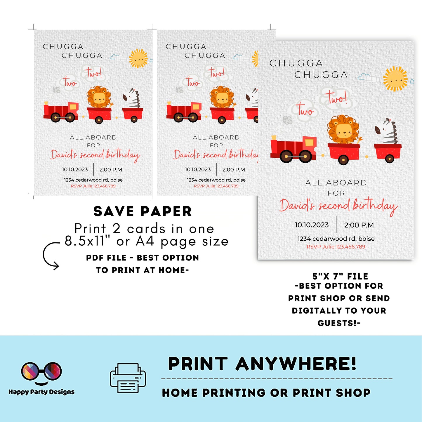 Train Invitation Chugga Chugga Two Two | Train Second Birthday Invitation | Editable Corjl Train Party | Boy Birthday Trains #K128