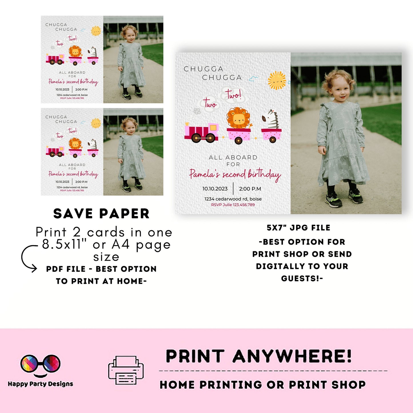 Train Invitation Chugga Chugga Two Two with photo | Train Second Birthday Invite | Editable Corjl Train Party | girl Birthday Trains #K128