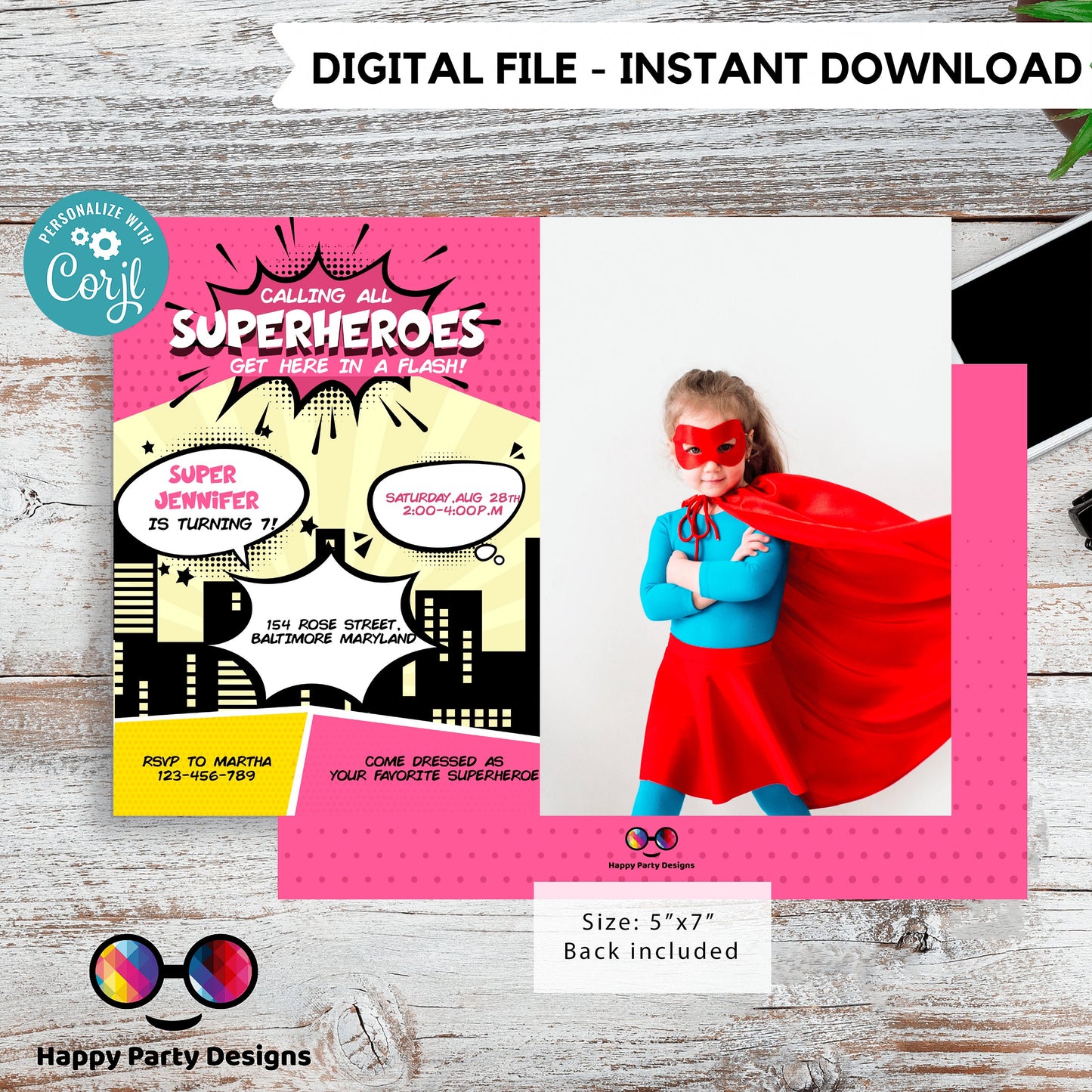Girl Superhero Invitation with photo | Girl Superhero Comic Birthday Invite | Birthday girl | Girl Superhero Birthday Invitation #K129