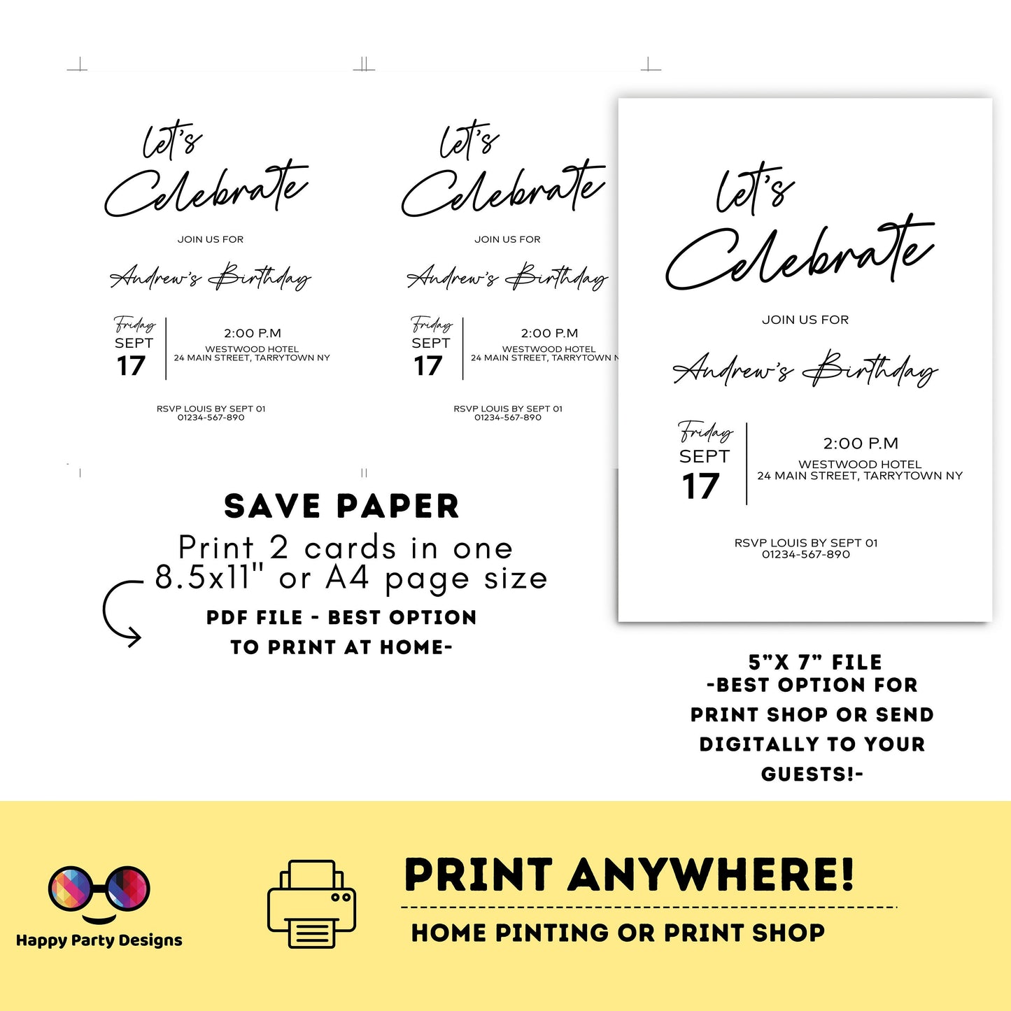 Let's celebrate! Minimalist birthday Invitations | Surprise Birthday Party Invites | Anniversary Invite | Black White Invite for Him #A2