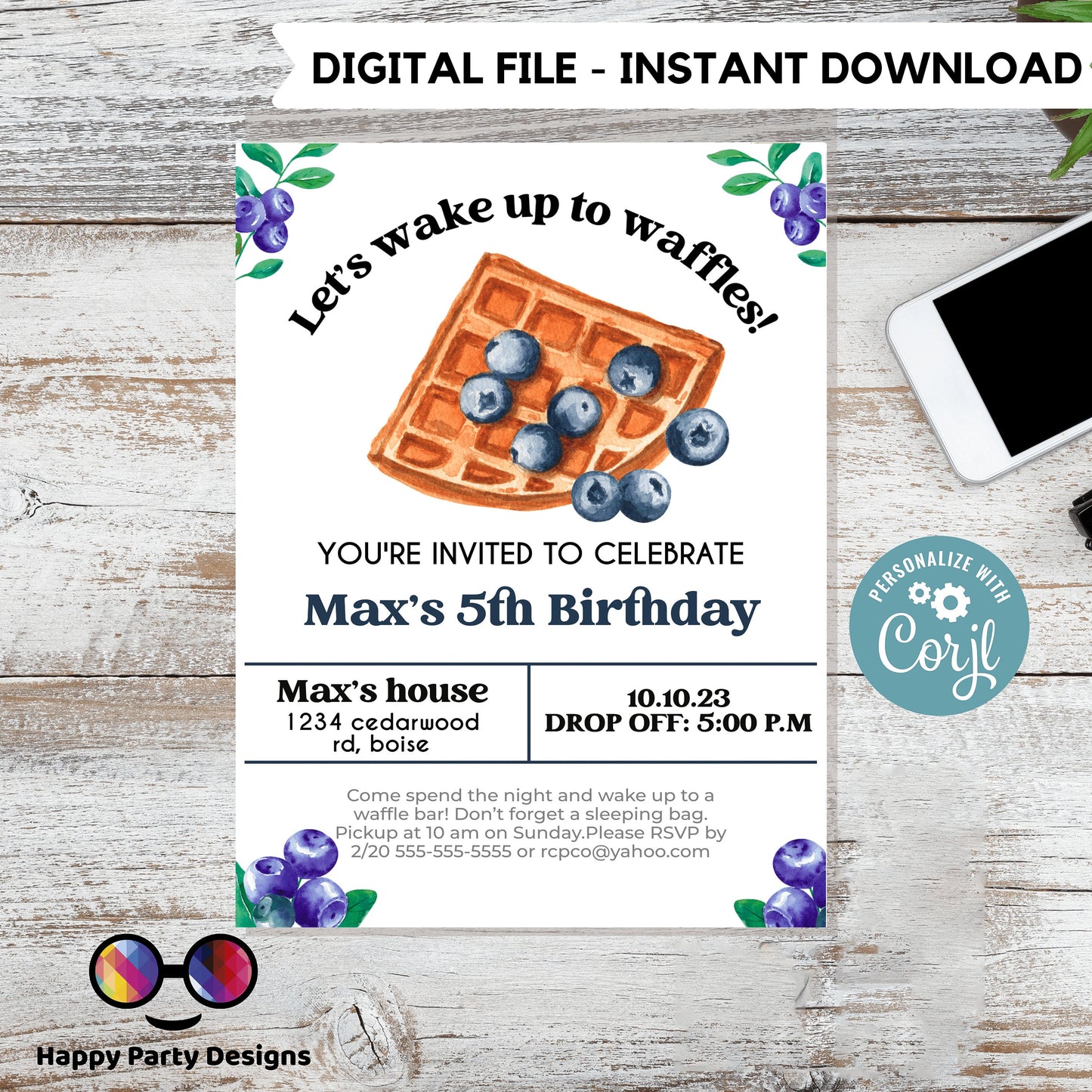 Waffles and Pajamas Party Birthday Invitation | Waffle Party Invite | Birthday boy | pajama Party | Sleepover Party #K130