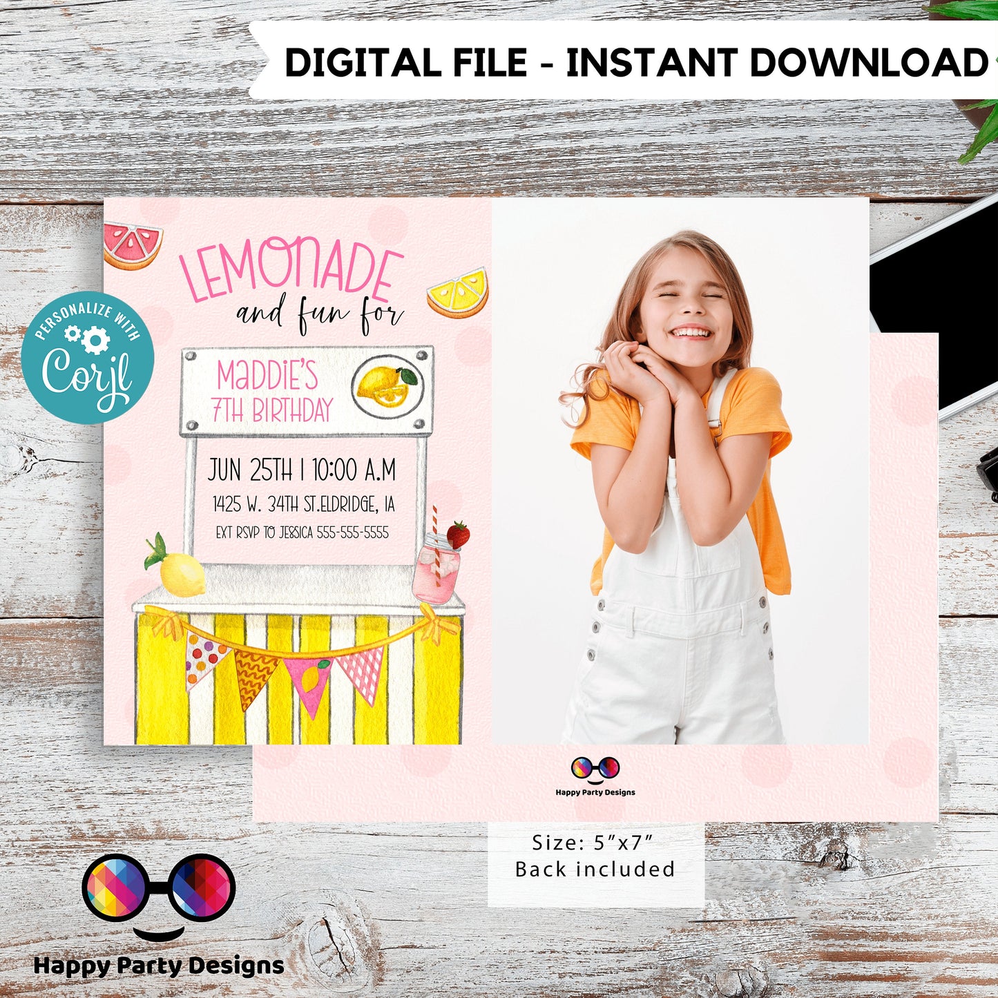 Editable Lemonade Invitation with picture | Lemonade Birthday Invitation | Garden Birthday Party | Lemonade Stand invite | Girl #K100