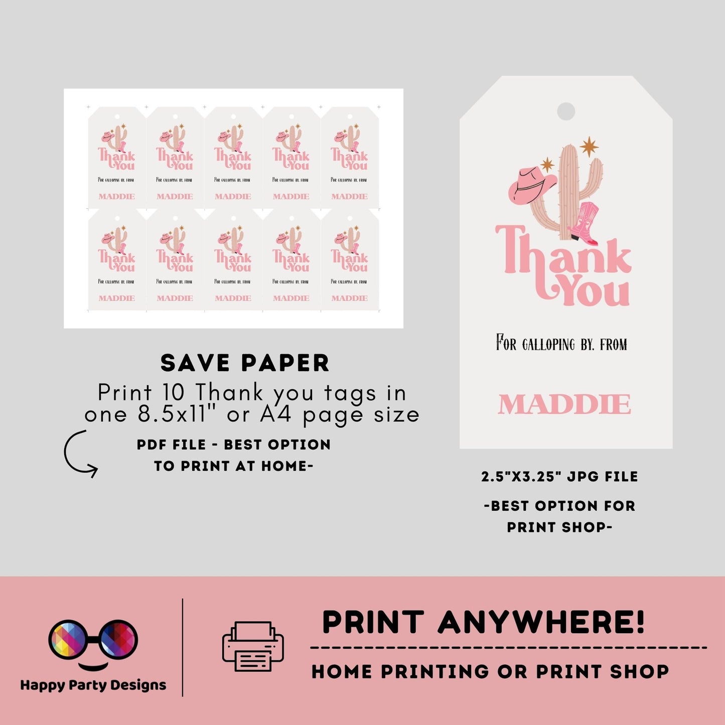 editable Rodeo Thank You Favor Tag | Boho Cowboy 1st Birthday Printable Gift Tag | Rainbow Birthday girl | Western Bday Template #K136
