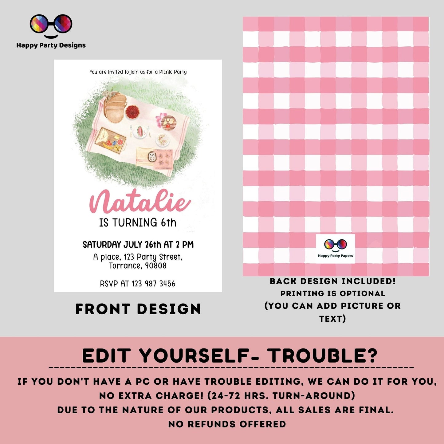 EDITABLE Picnic Birthday invitation | picnic in the park printable invite | Garden Birthday Party | picnic birthday | Girl Birthday #K139