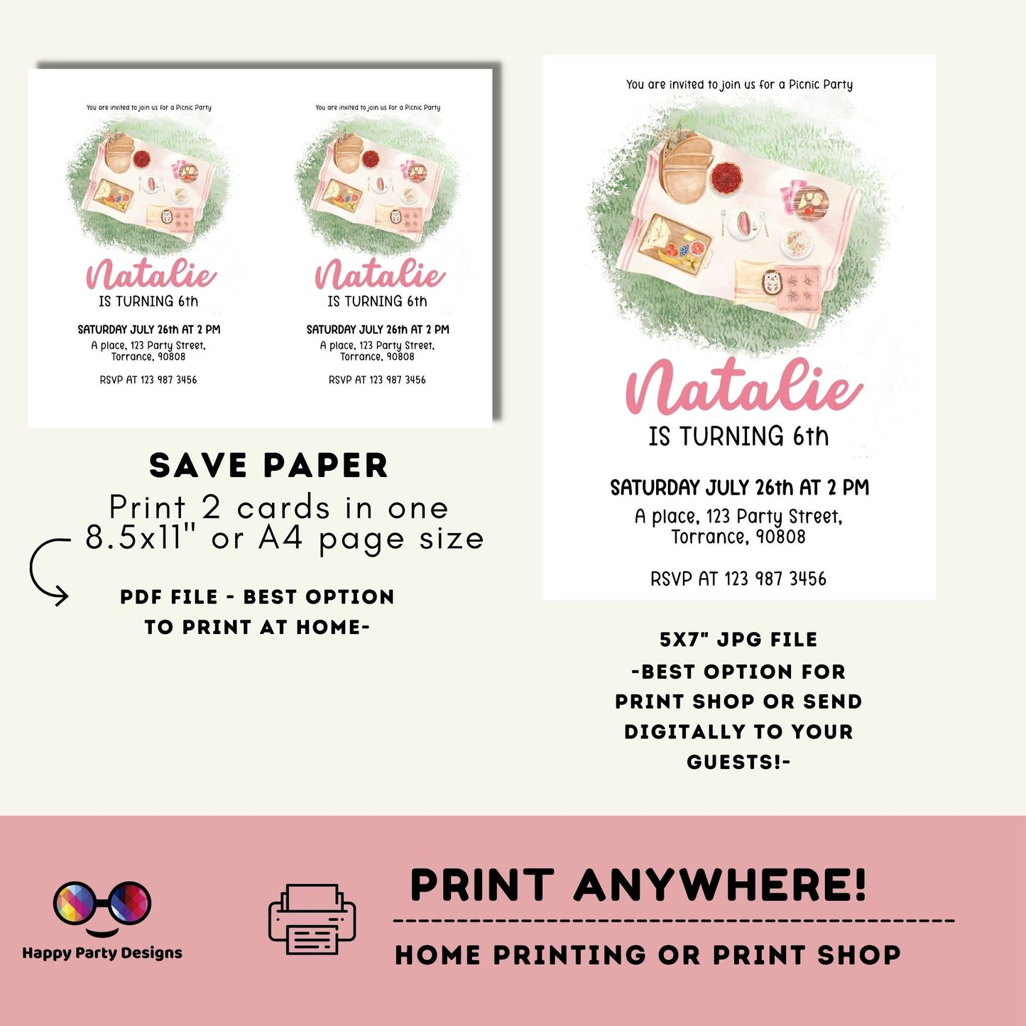 EDITABLE Picnic Birthday invitation | picnic in the park printable invite | Garden Birthday Party | picnic birthday | Girl Birthday #K139