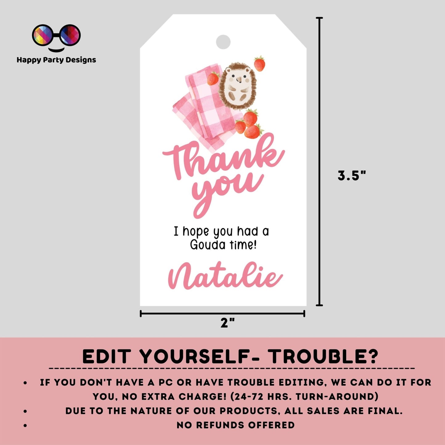Picnic Birthday Thank You Tags | Picnic Gift Tags | Thank you tags | Birthday girl | Party Bag Tags | hedgehog #K139
