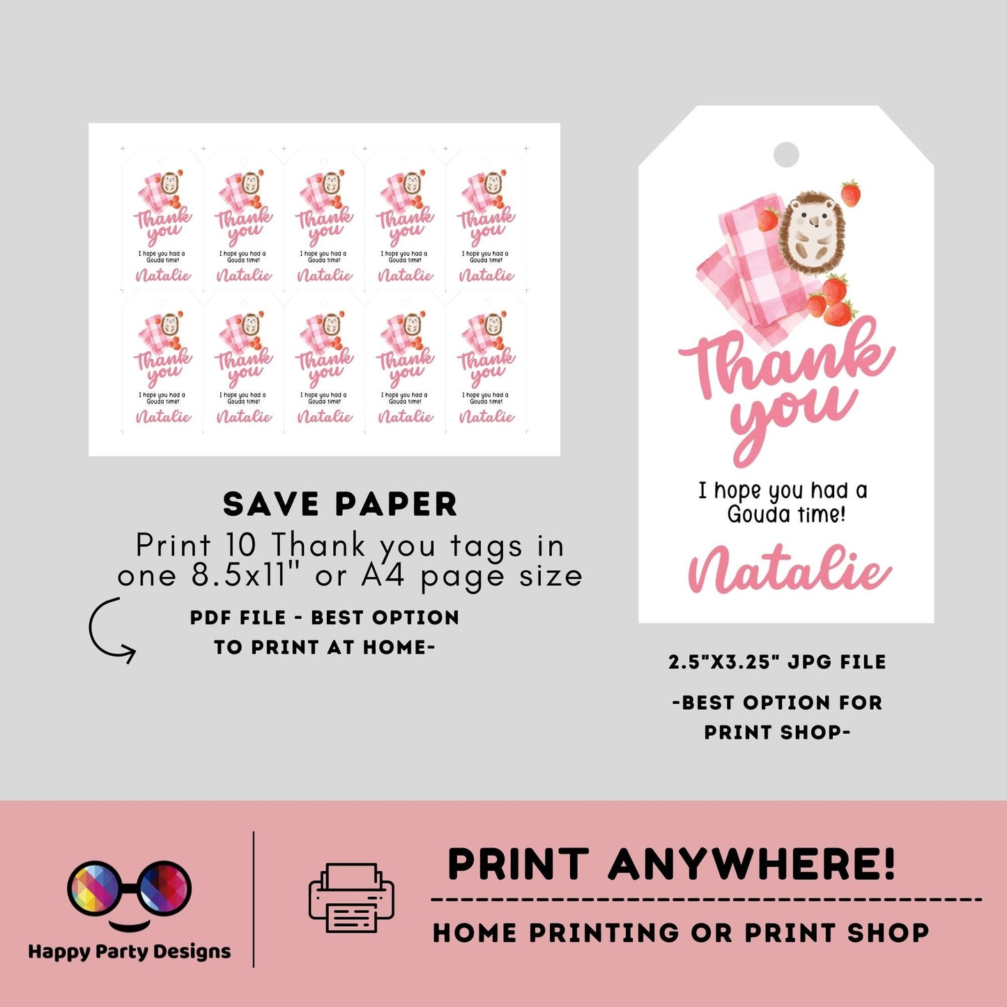 Picnic Birthday Thank You Tags | Picnic Gift Tags | Thank you tags | Birthday girl | Party Bag Tags | hedgehog #K139