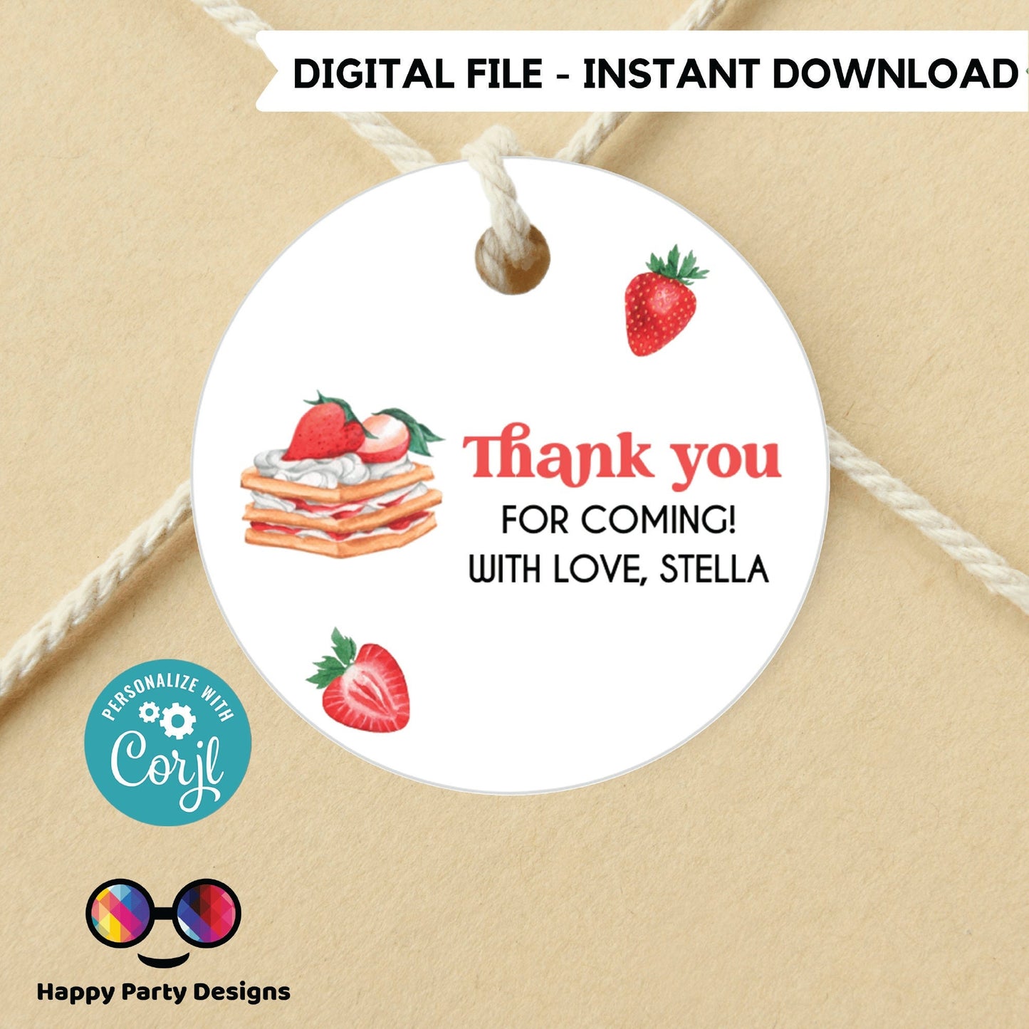 Editable Waffle strawberries Thank you Template | Wedding Welcome Bag Tag | Gift Tags | pajama Birthday Party | Round Gift Tag #K130