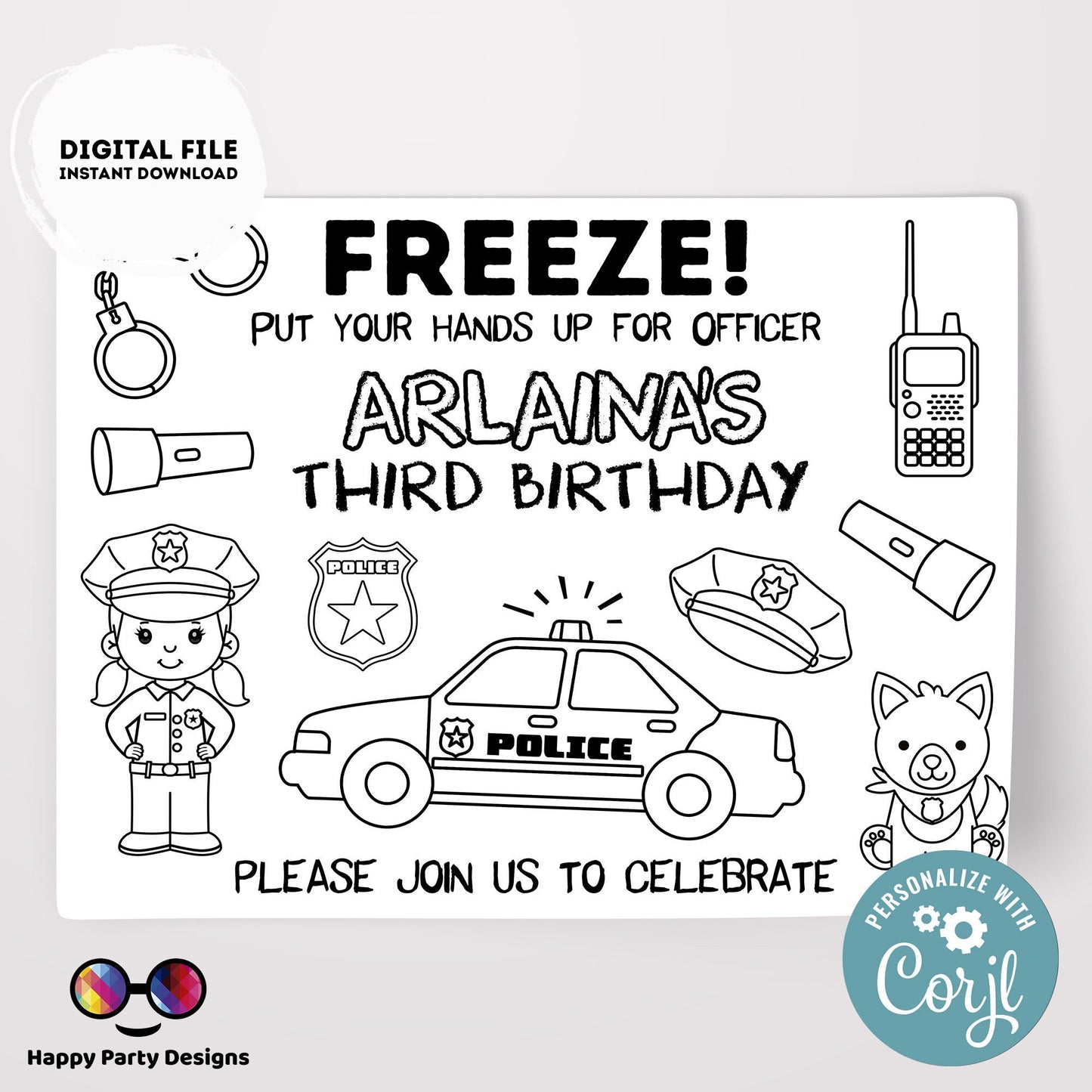 Editable police coloring page | police Party | Police Girl Placemat | Editable Instant Download | Edit Online Corjl | INSTANT ACCESS #K112