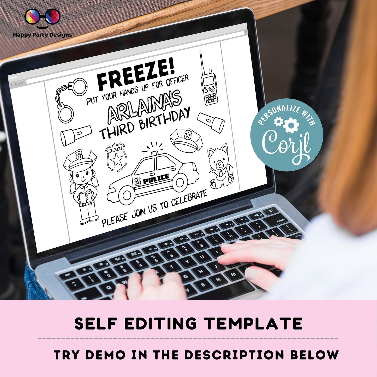 Editable police coloring page | police Party | Police Girl Placemat | Editable Instant Download | Edit Online Corjl | INSTANT ACCESS #K112