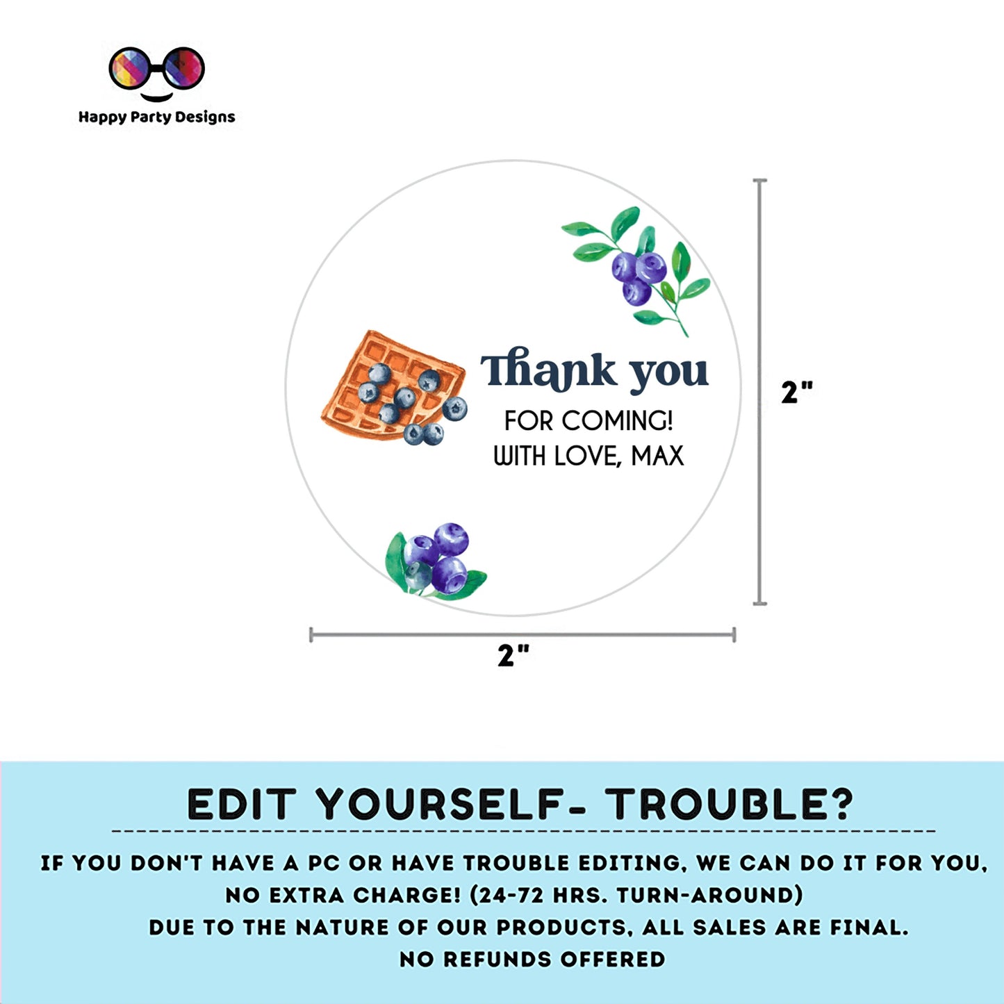 Editable Waffle and blueberries Thank you Template | Wedding Welcome Bag Tag | Gift Tags | pajama Birthday Party | Round Gift Tag #K130