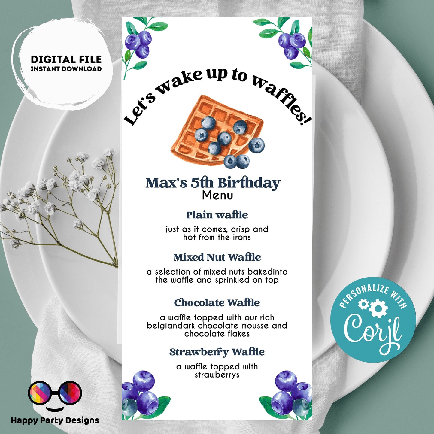 Waffle Bar Menu | Waffle menu template | Girl | waffle themed party | Party supplies | waffles and blueberries | waffle menu #K130