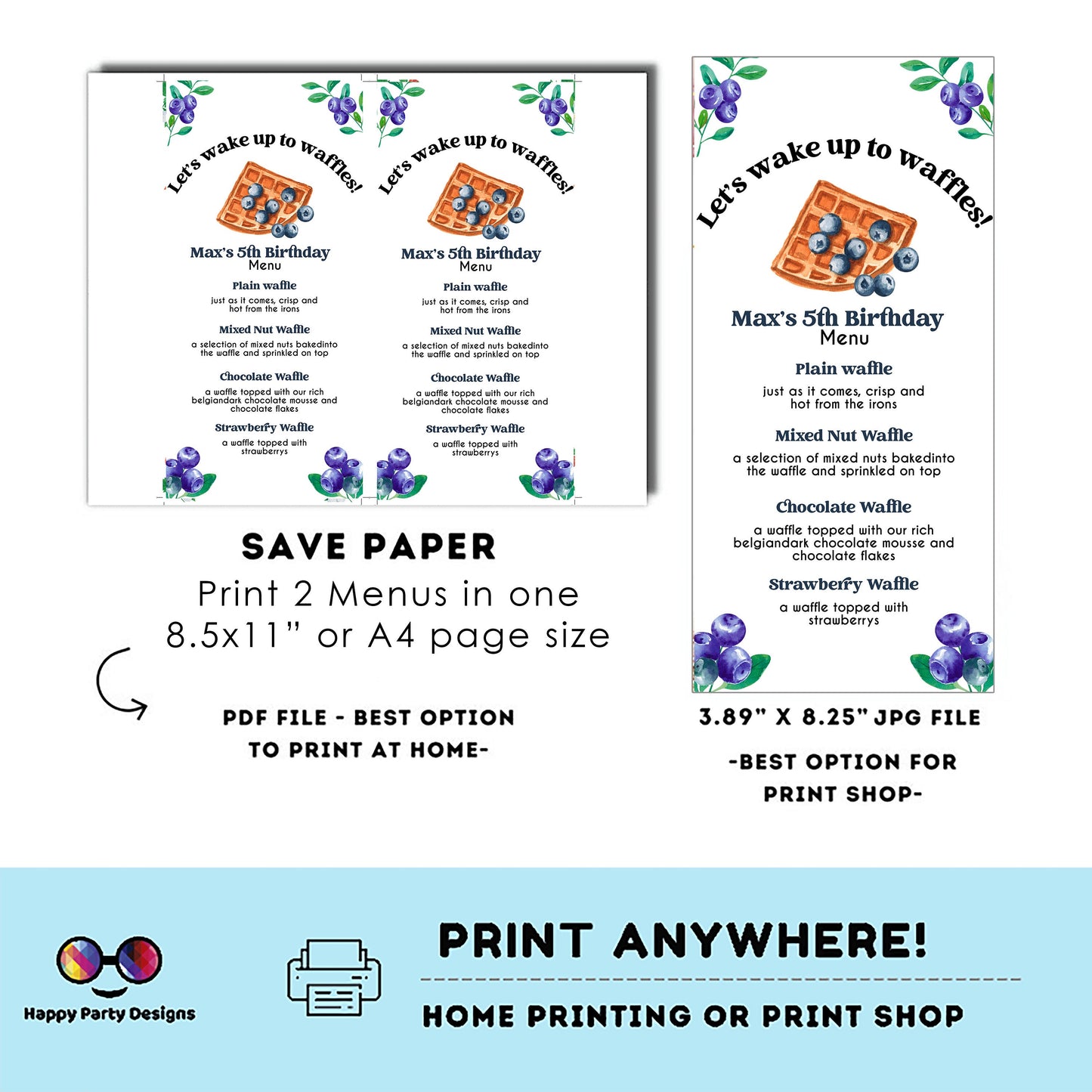 Waffle Bar Menu | Waffle menu template | Girl | waffle themed party | Party supplies | waffles and blueberries | waffle menu #K130
