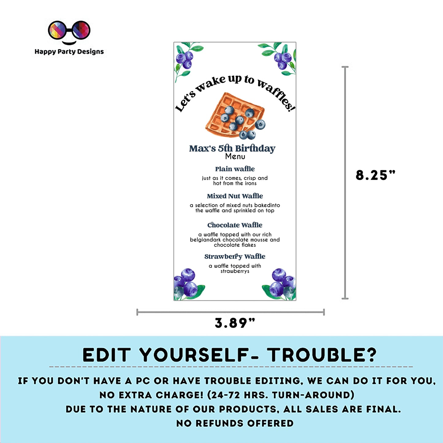 Waffle Bar Menu | Waffle menu template | Girl | waffle themed party | Party supplies | waffles and blueberries | waffle menu #K130