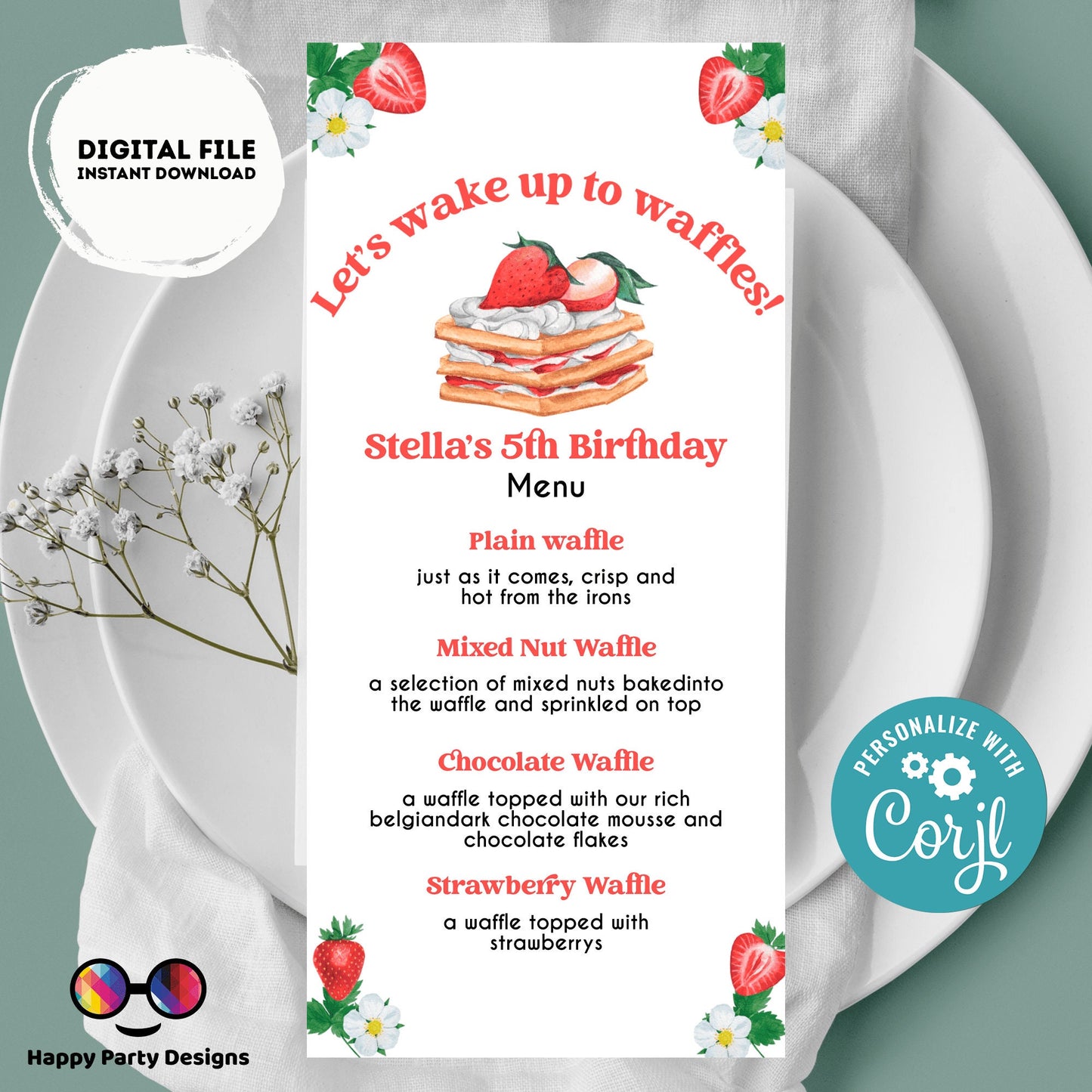 Waffle Bar Menu | Waffle menu template | Girl | waffle themed party | Party supplies | waffles and strawberries | waffle menu #K130