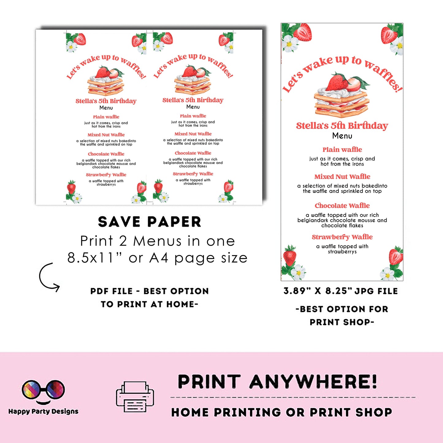Waffle Bar Menu | Waffle menu template | Girl | waffle themed party | Party supplies | waffles and strawberries | waffle menu #K130
