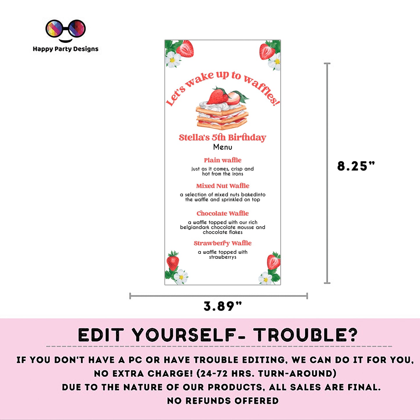 Waffle Bar Menu | Waffle menu template | Girl | waffle themed party | Party supplies | waffles and strawberries | waffle menu #K130