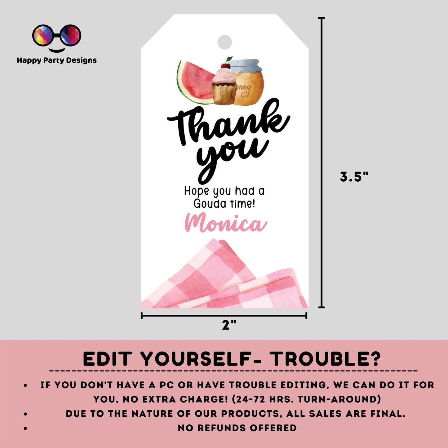 Picnic Birthday Thank You Tags | Picnic Gift Tags | Thank you tags | Birthday girl | Party Bag Tags | honey #K142