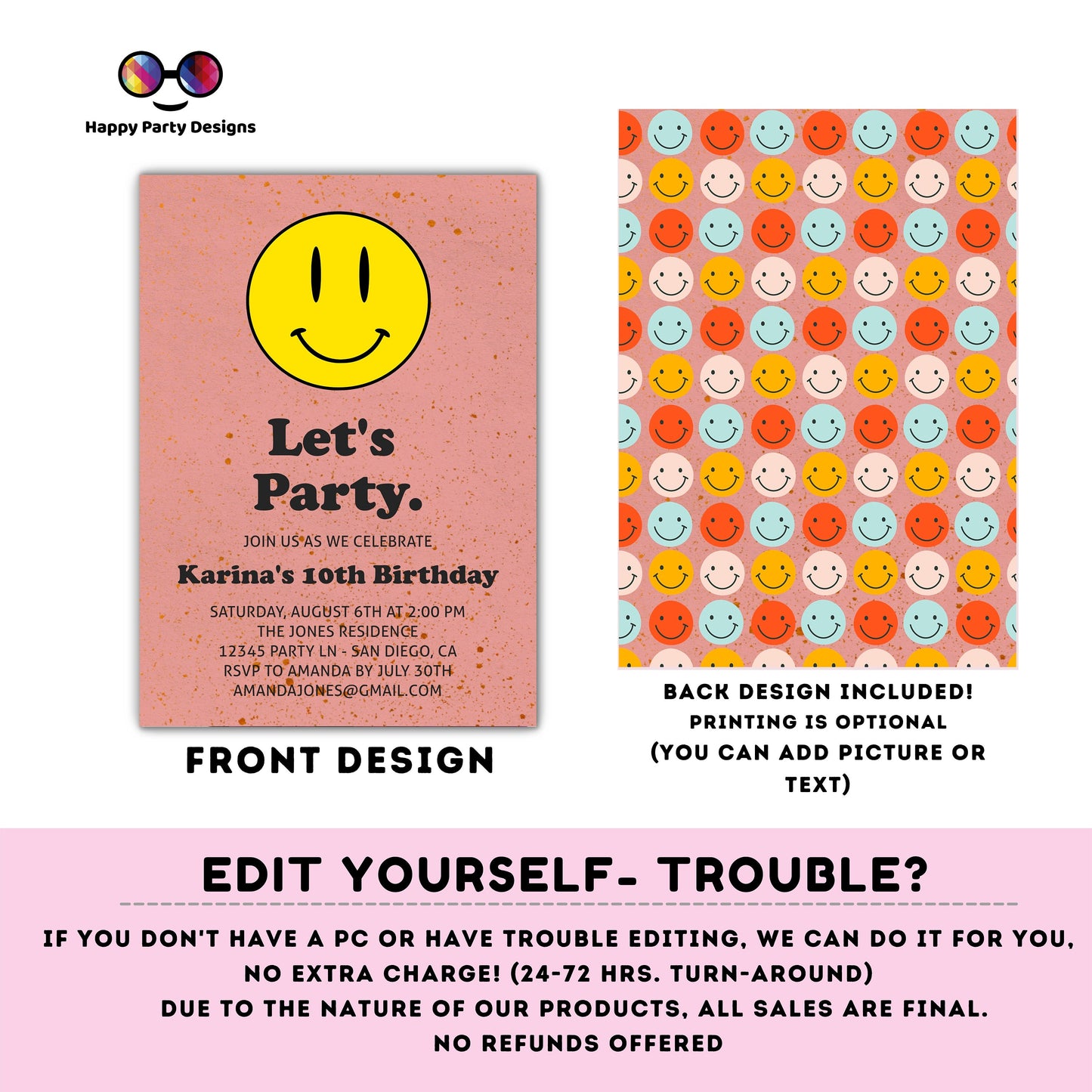 Editable Smiley face invitation | Groovy One Retro 1st Birthday Invitation | First Birthday | Retro | 70s Flower Power | any age #K144
