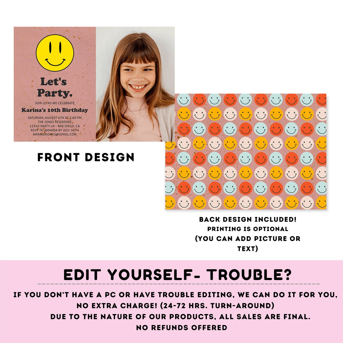 Editable Smiley face invitation with picture | Groovy One Retro Birthday invite | 10th Birthday | Retro | 70s Flower Power | any age #K144