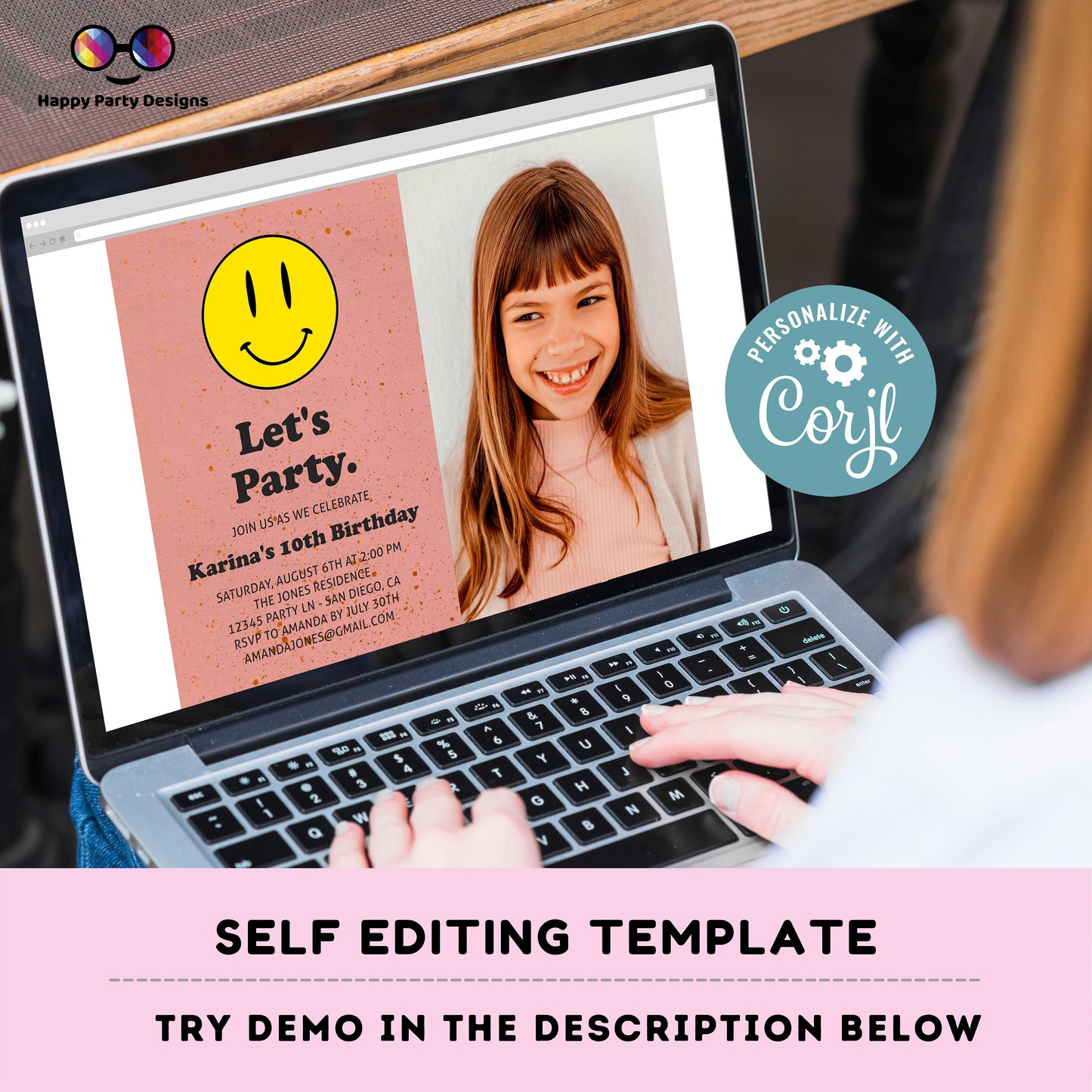 Editable Smiley face invitation with picture | Groovy One Retro Birthday invite | 10th Birthday | Retro | 70s Flower Power | any age #K144