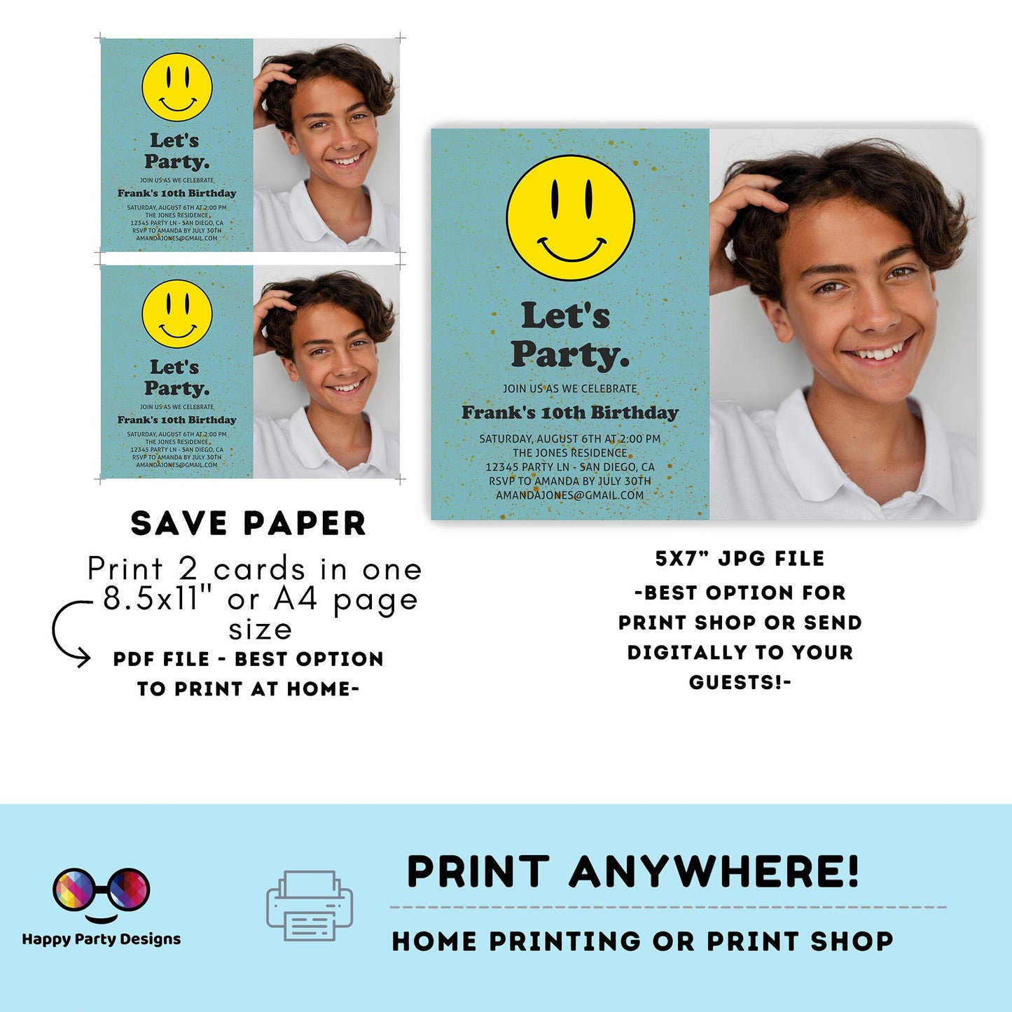 Editable Smiley face invitation with photo | Groovy One Retro 10th Birthday Invitation | Birthday Retro | 70s Flower Power | any age #K144