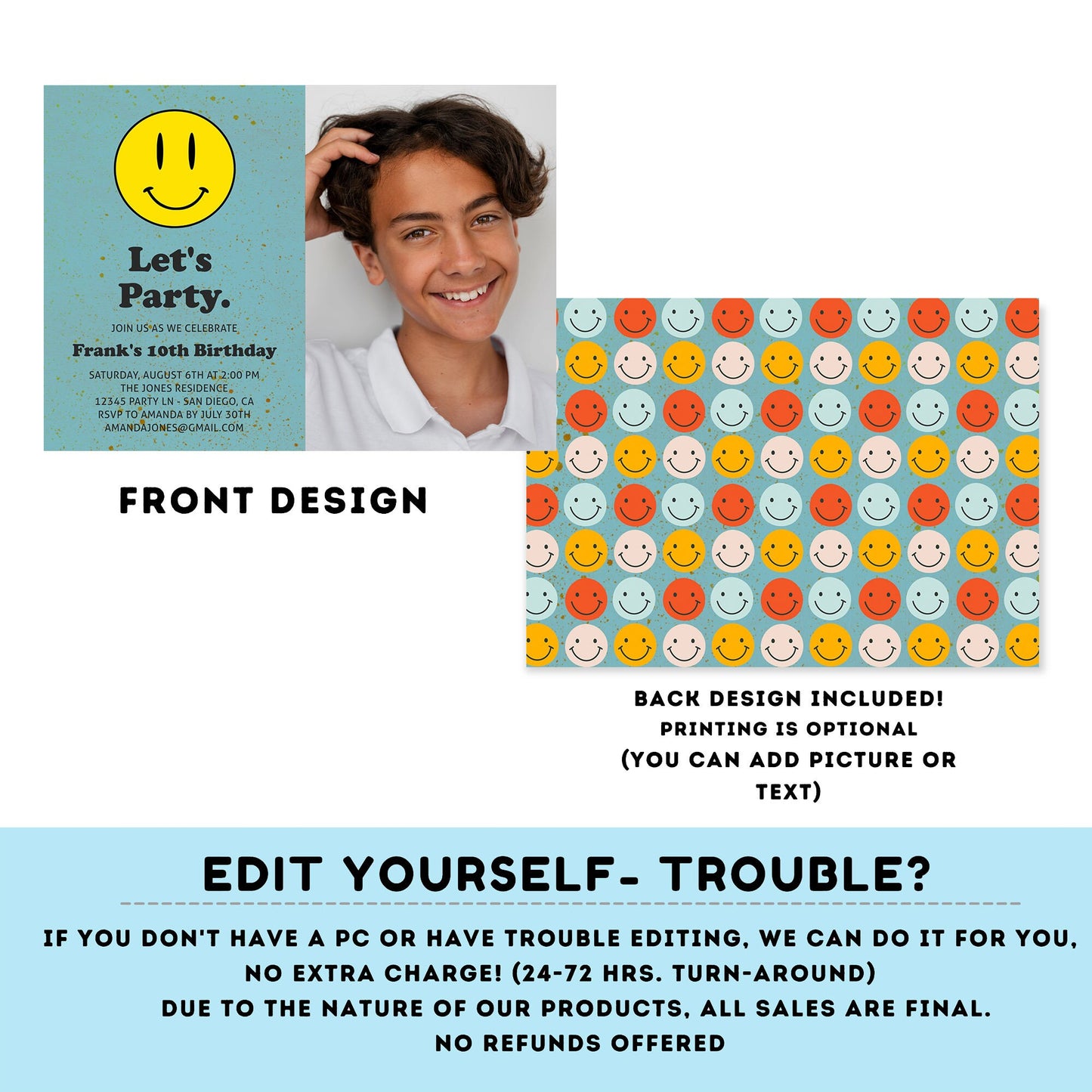 Editable Smiley face invitation with photo | Groovy One Retro 10th Birthday Invitation | Birthday Retro | 70s Flower Power | any age #K144