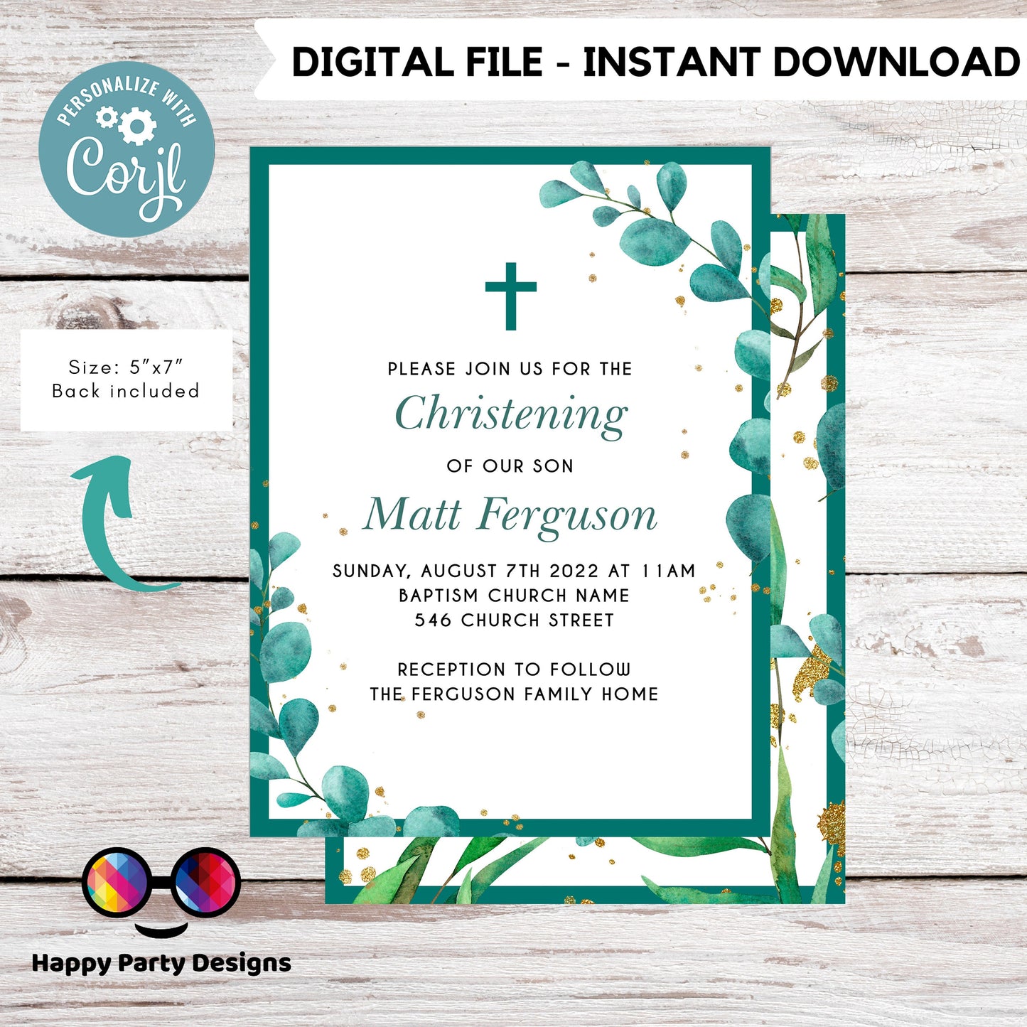 greenery Watercolor Baptism Invitation | Gold Christening Baptism | Invitation boy | emerald | Christening | Instant Download #R4