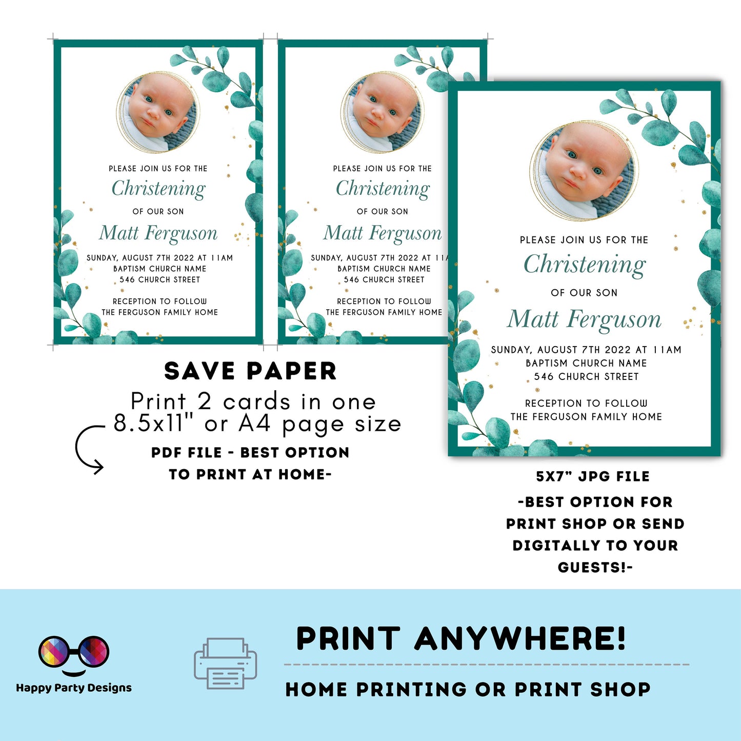 greenery Watercolor Baptism Invitation with photo | Gold Christening Baptism | Invitation boy | emerald | Christening | Instant Download #R4
