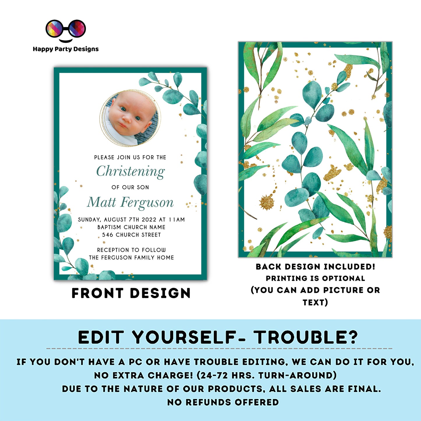 greenery Watercolor Baptism Invitation with photo | Gold Christening Baptism | Invitation boy | emerald | Christening | Instant Download #R4
