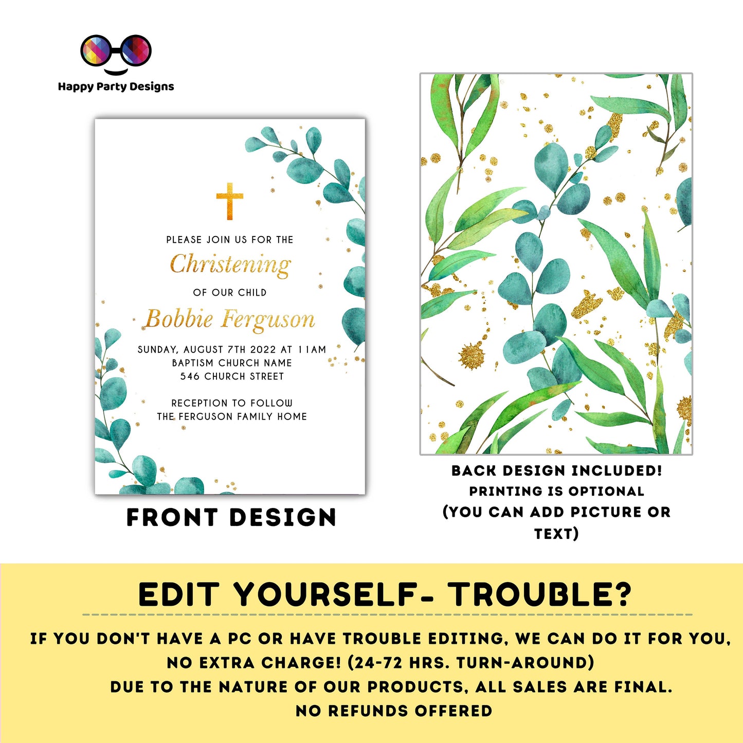 greenery Watercolor Baptism Invitation | Gold Christening Baptism | gender neutral | Christening | Instant Download #R5