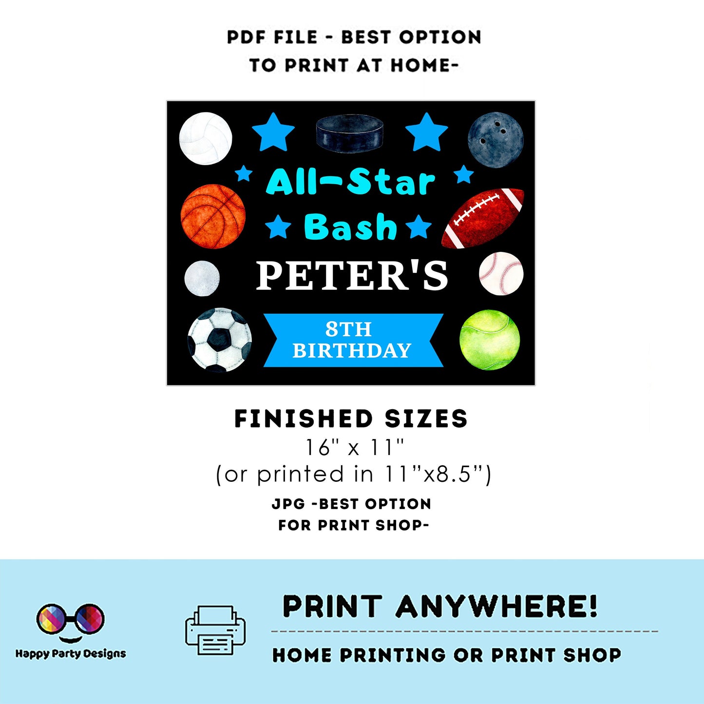 Editable Sports Birthday Placemat | Sports Party | Sports Placemat | Editable Instant Download | All Star Party placemat Edit Online #K141