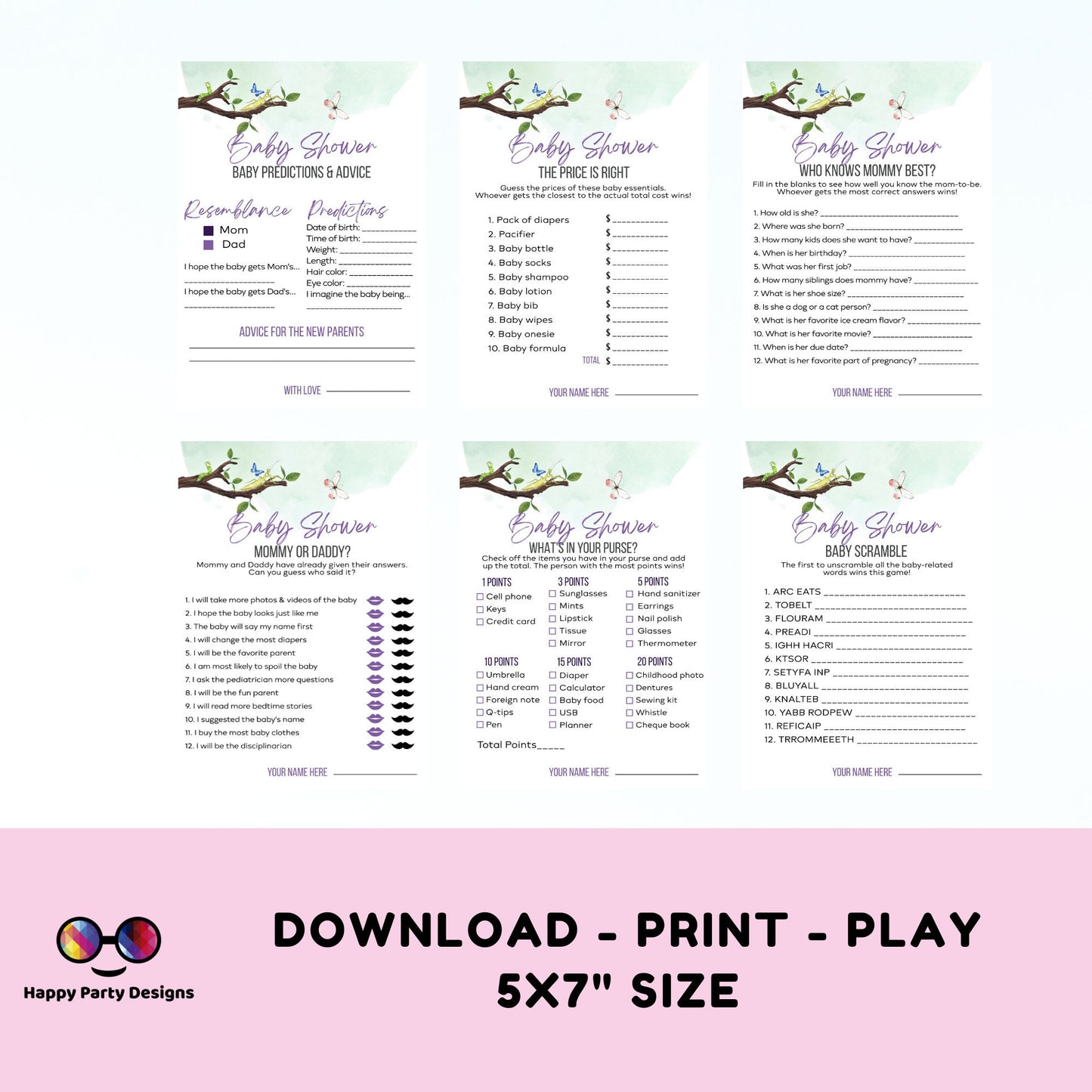 Instant baby insect games bundle | baby shower games | Baby girl | green baby shower | bugs baby shower games #B27