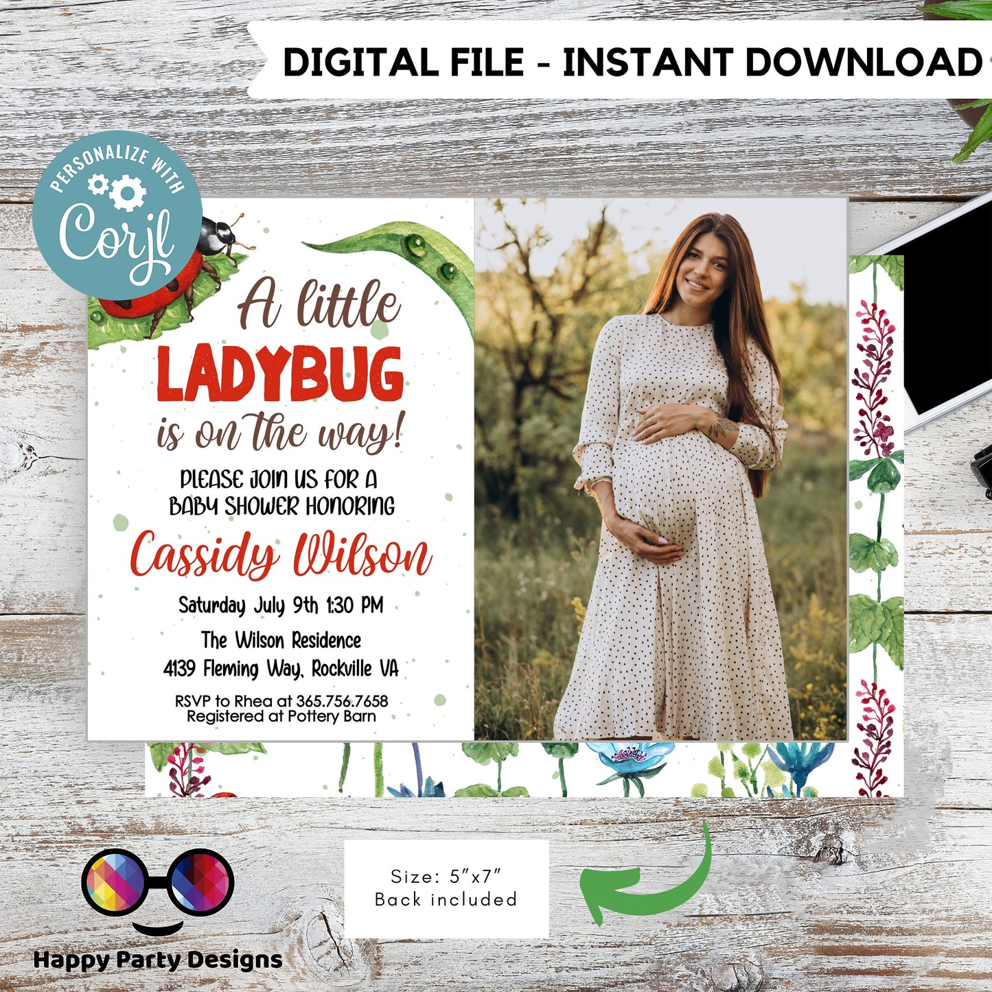 Little Lady Ladybug Baby Shower Invite with photo | Insect Party | Greenery Invitation | Red and Black Baby Shower | baby girl #B29