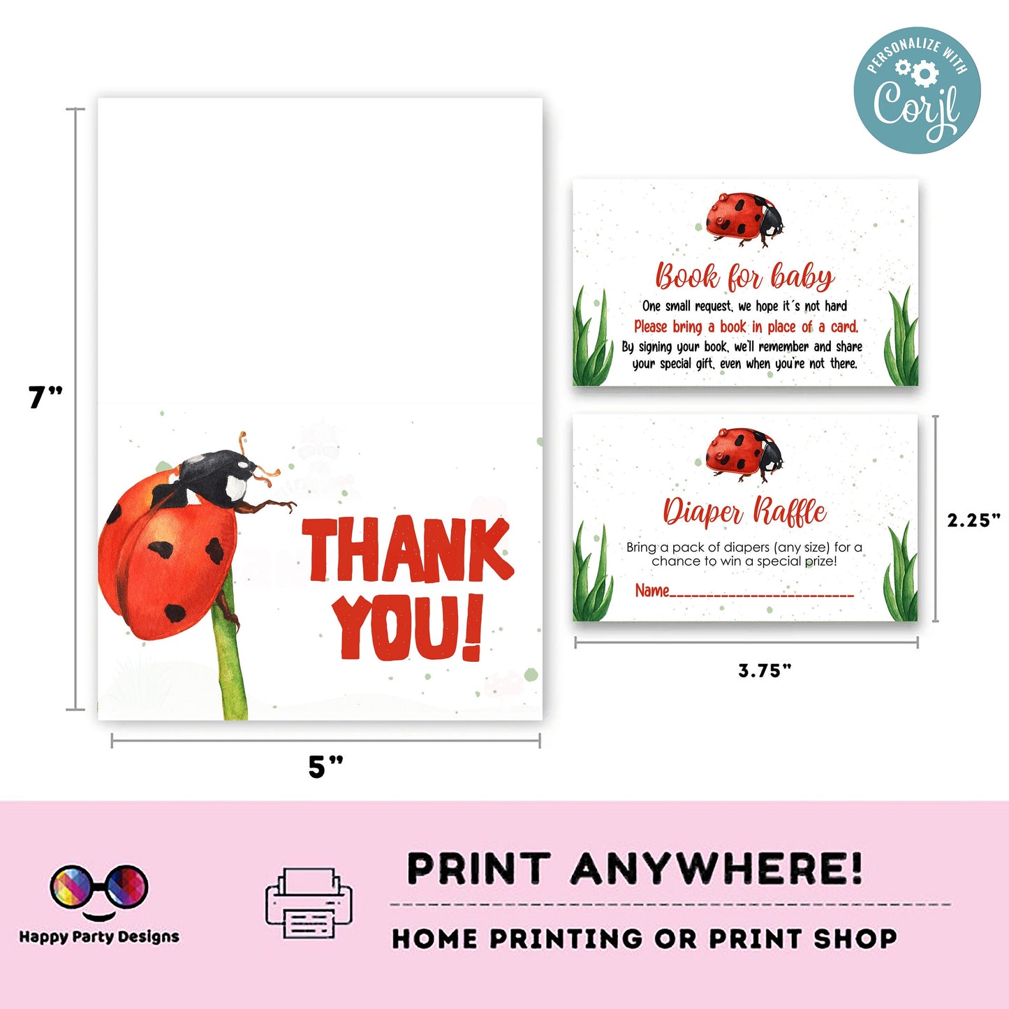 Ladybug baby Shower Invitation bundle | little ladybug bundle | diaper raffle, books for baby, thank you tag, thank you card #B29