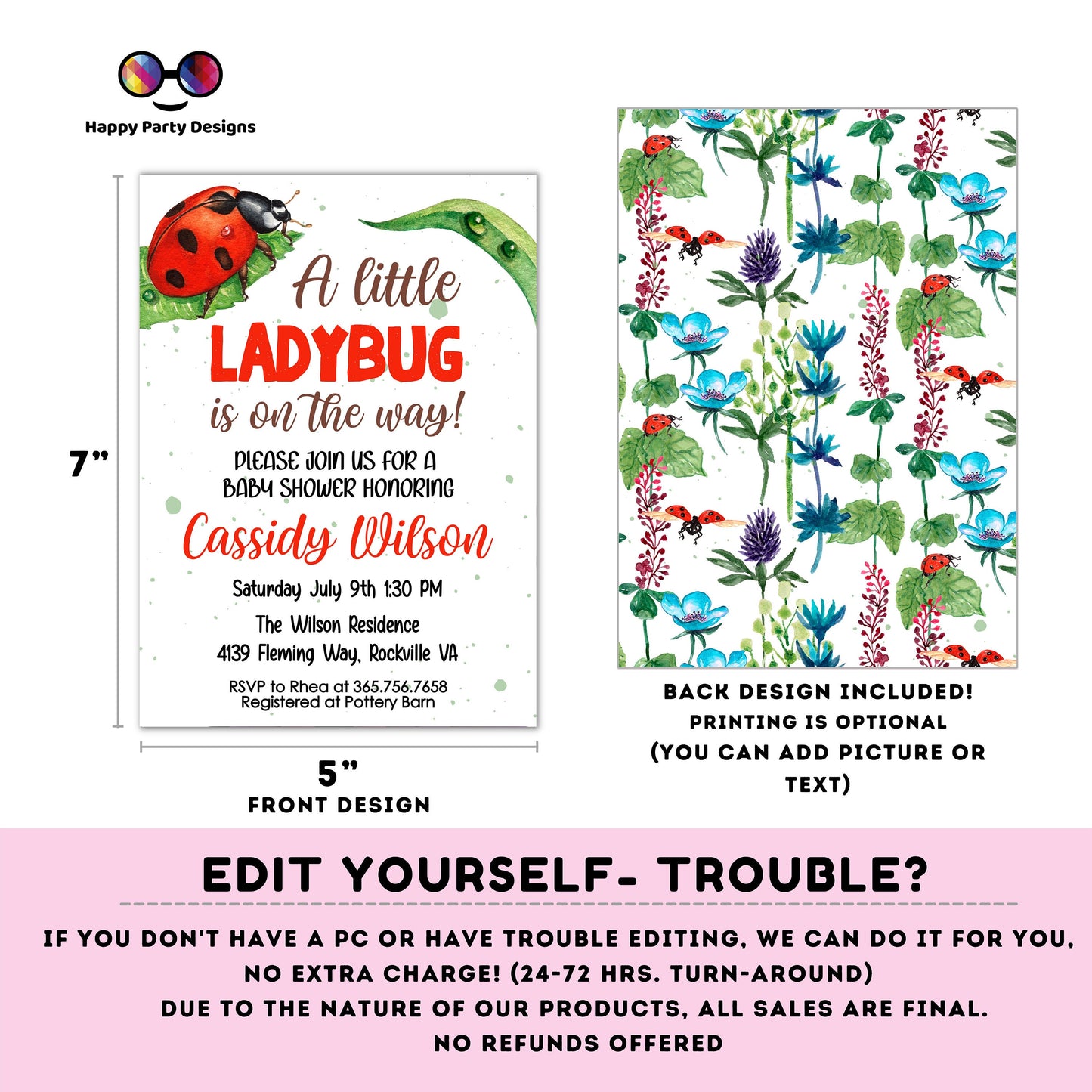 Ladybug baby Shower Invitation bundle | little ladybug bundle | diaper raffle, books for baby, thank you tag, thank you card #B29