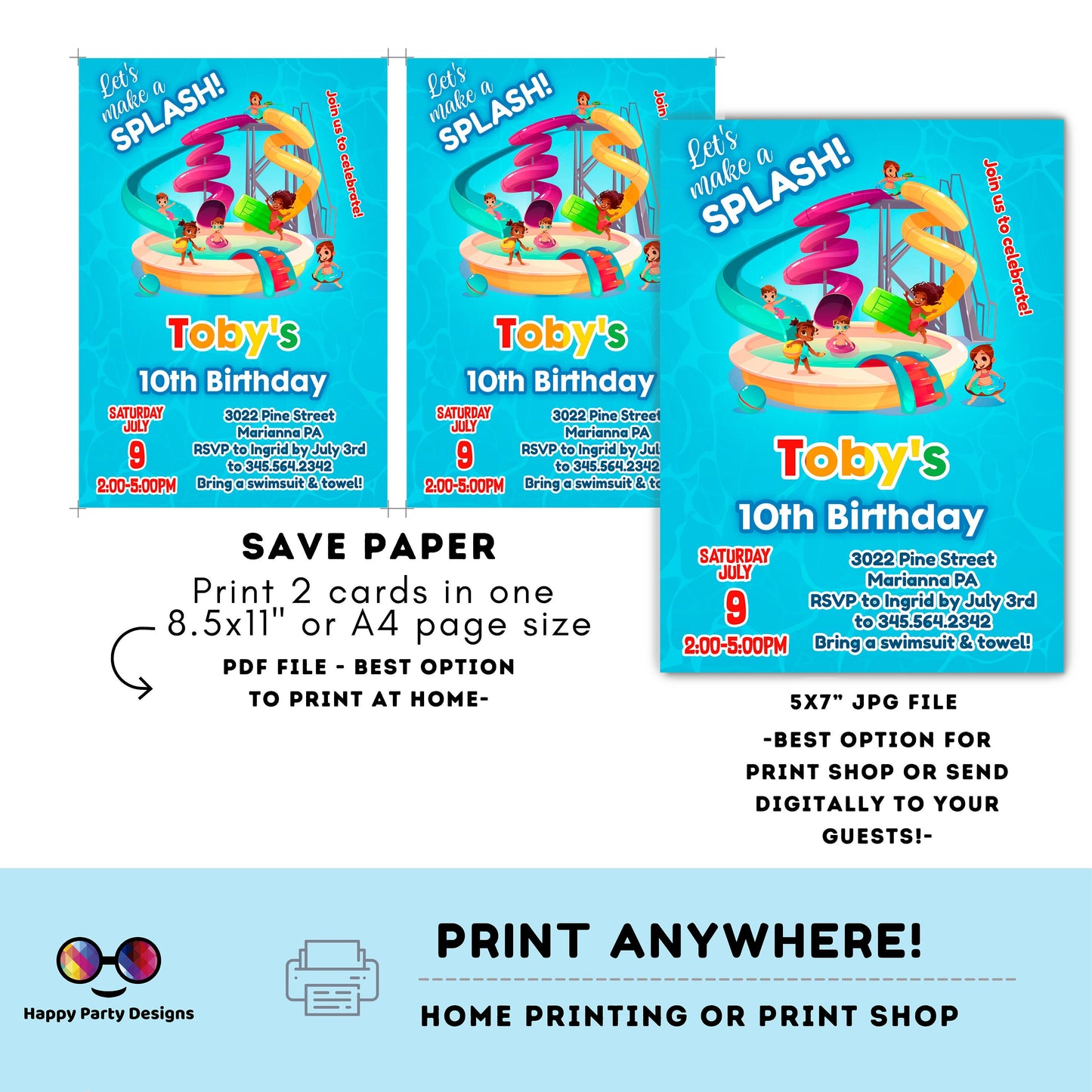 editable water park birthday invitation template | let's make a splash boy waterpark party invite Pool party Invitation | | Summer #K109