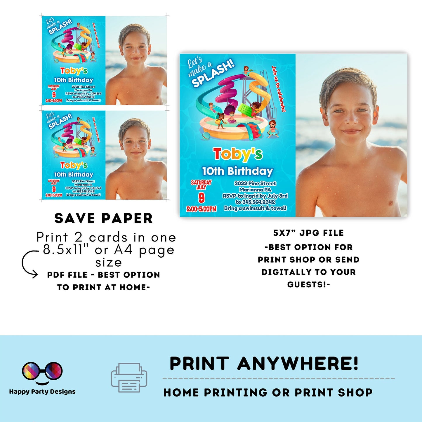 editable water park birthday invitation with photo | let's make a splash boy waterpark party invite Pool party Invitation | | Summer #K109