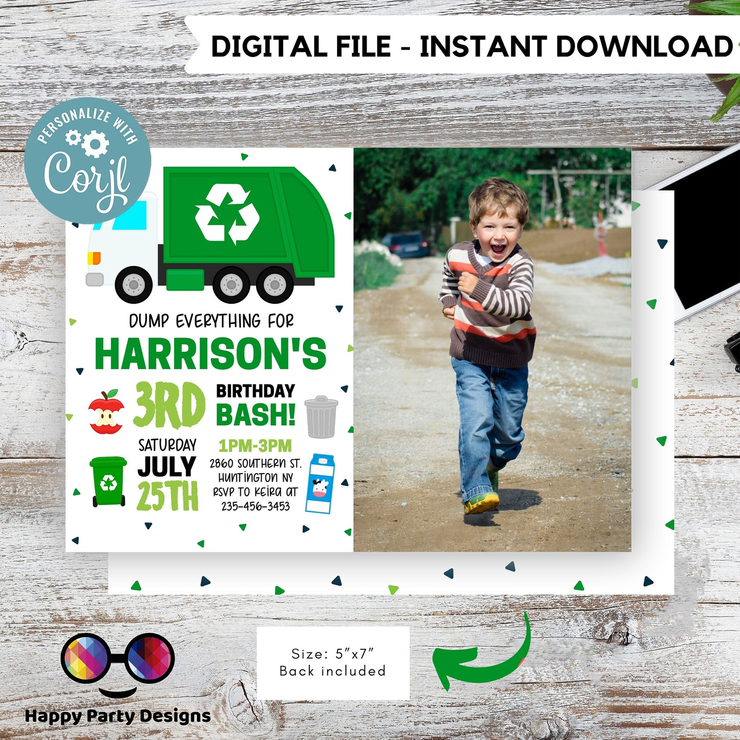Garbage Truck Invitation with photo | Recycling Birthday Invites | boy | any age! | Garbage Truck Invitations | Edit Yourself #K110
