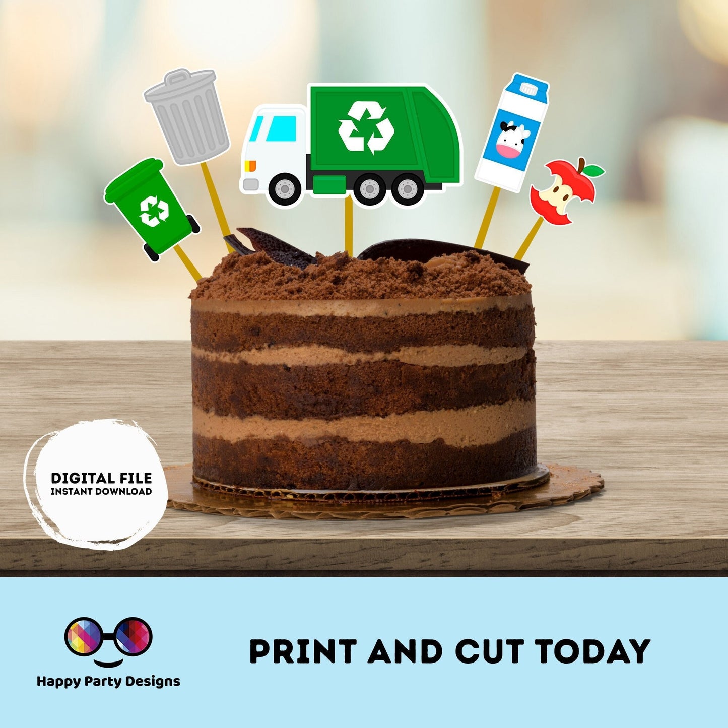 PRINTABLE garbage truck Cake Toppers 5 | recycling party Cake Toppers | garbage truck Cake Toppers Centerpieces | green truck #K110