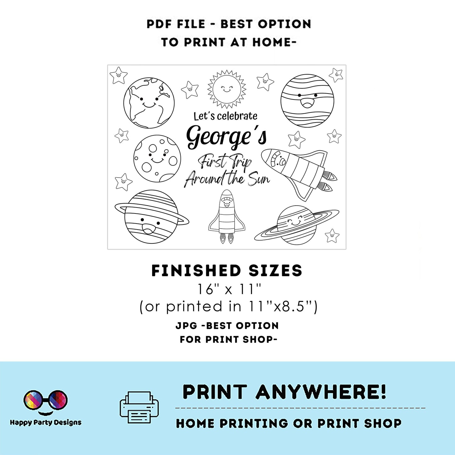 Editable first trip around the sun coloring page | Placemat coloring page | Any Age | planets | Outer Space party placemat #K5
