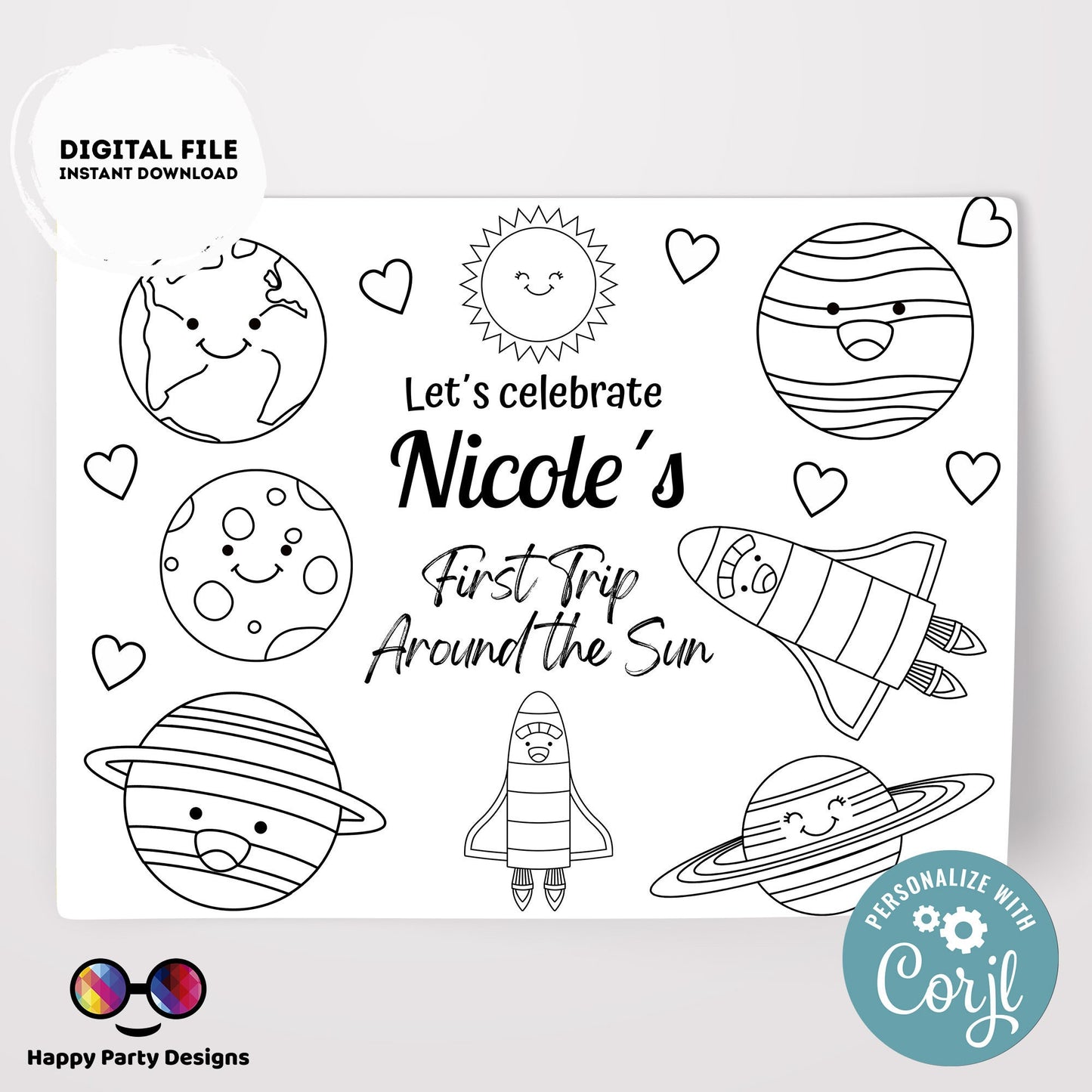 Editable first trip around the sun coloring page | Placemat coloring page | Any Age | planets | Outer Space party placemat #K57