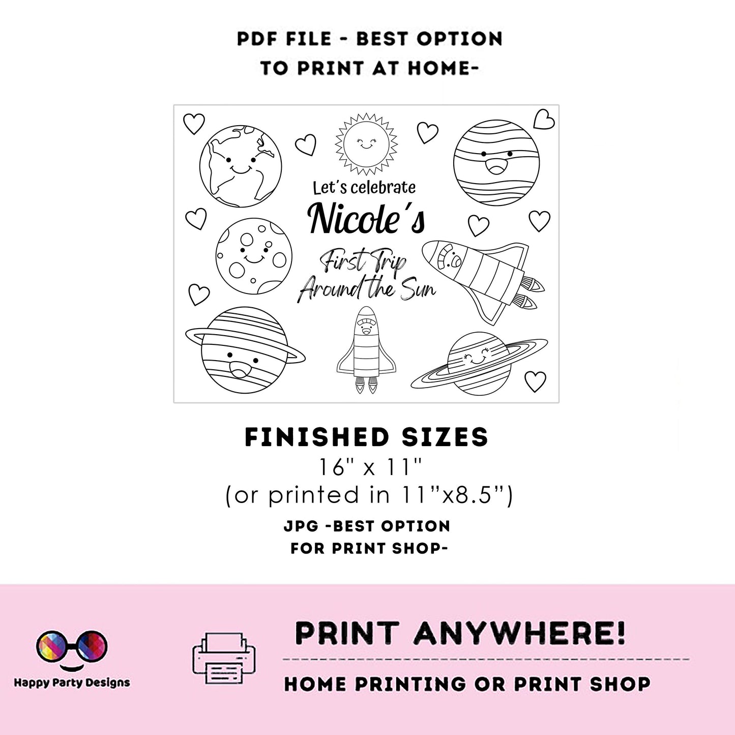 Editable first trip around the sun coloring page | Placemat coloring page | Any Age | planets | Outer Space party placemat #K57