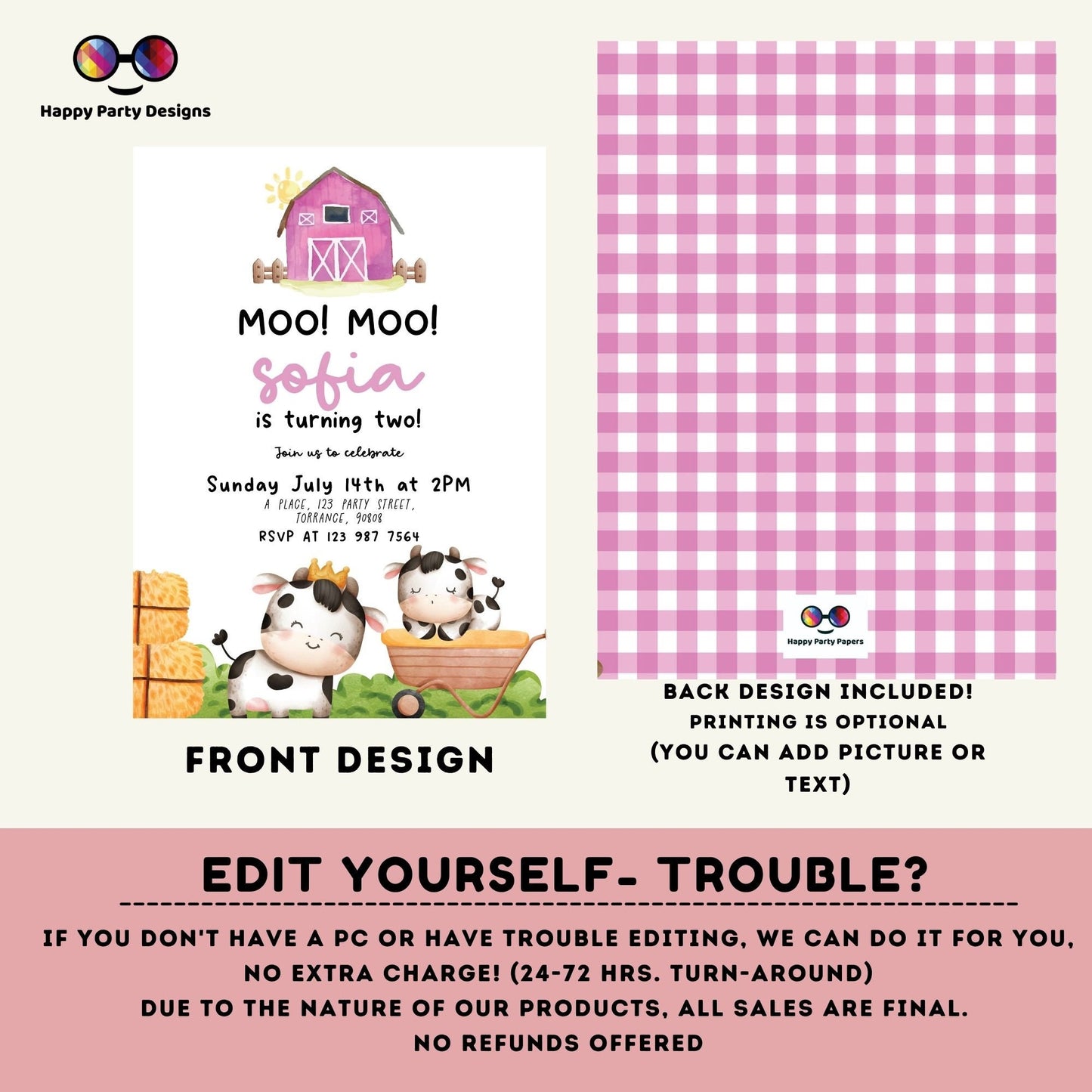 Moo Moo Editable Farm Birthday Invitation Girl | Farm Animals Barnyard | cow Party Download Printable Invitation Template | cowgirl #K147