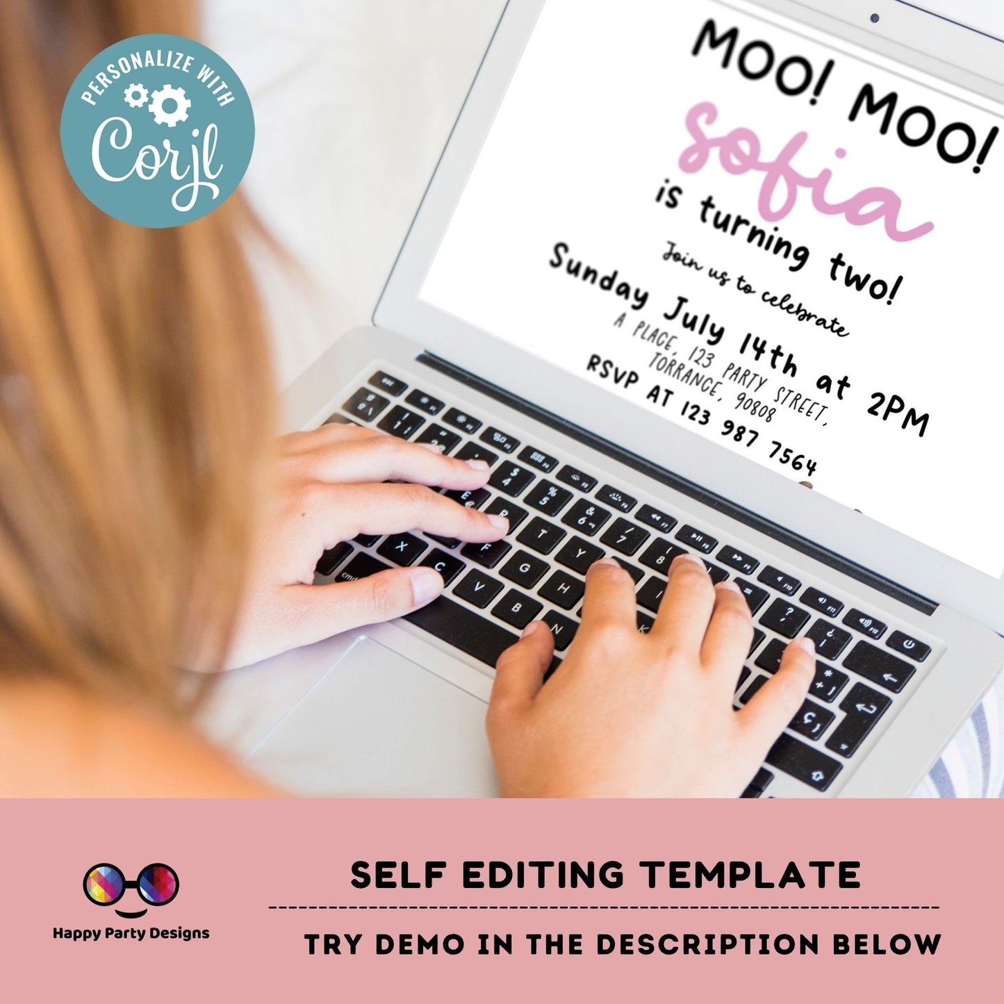 Moo Moo Editable Farm Birthday Invitation Girl | Farm Animals Barnyard | cow Party Download Printable Invitation Template | cowgirl #K147