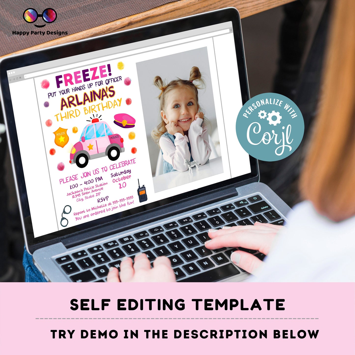 editable police birthday invitation with photo template | Police invite | Police Invitations | Instant Download #K112