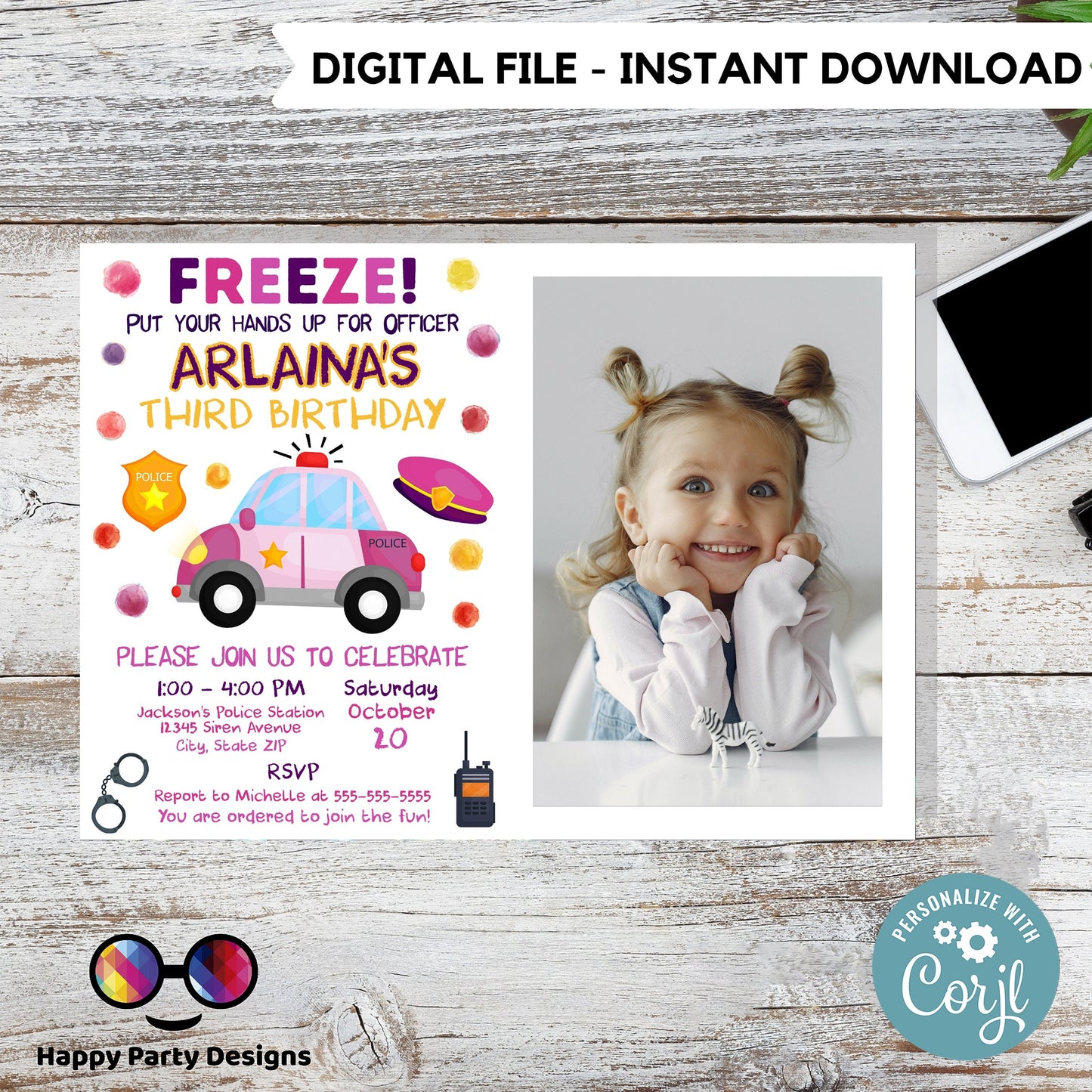 editable police birthday invitation with photo template | Police invite | Police Invitations | Instant Download #K112
